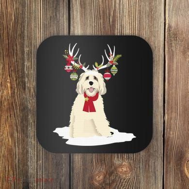Cute Labradoodle Doodle Christmas Reindeer Graphic Holiday Coaster