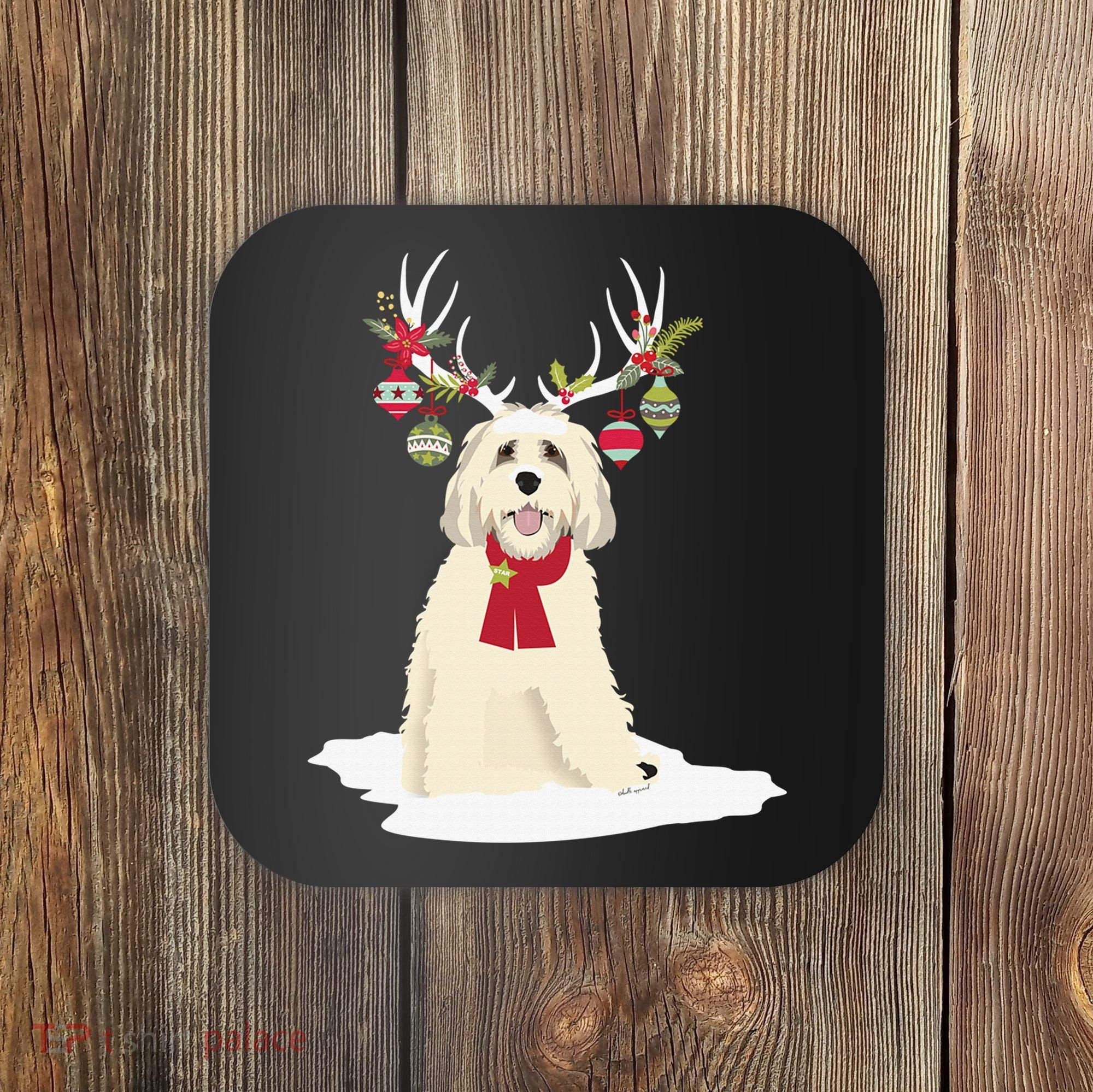 Cute Labradoodle Doodle Christmas Reindeer Graphic Holiday Coaster