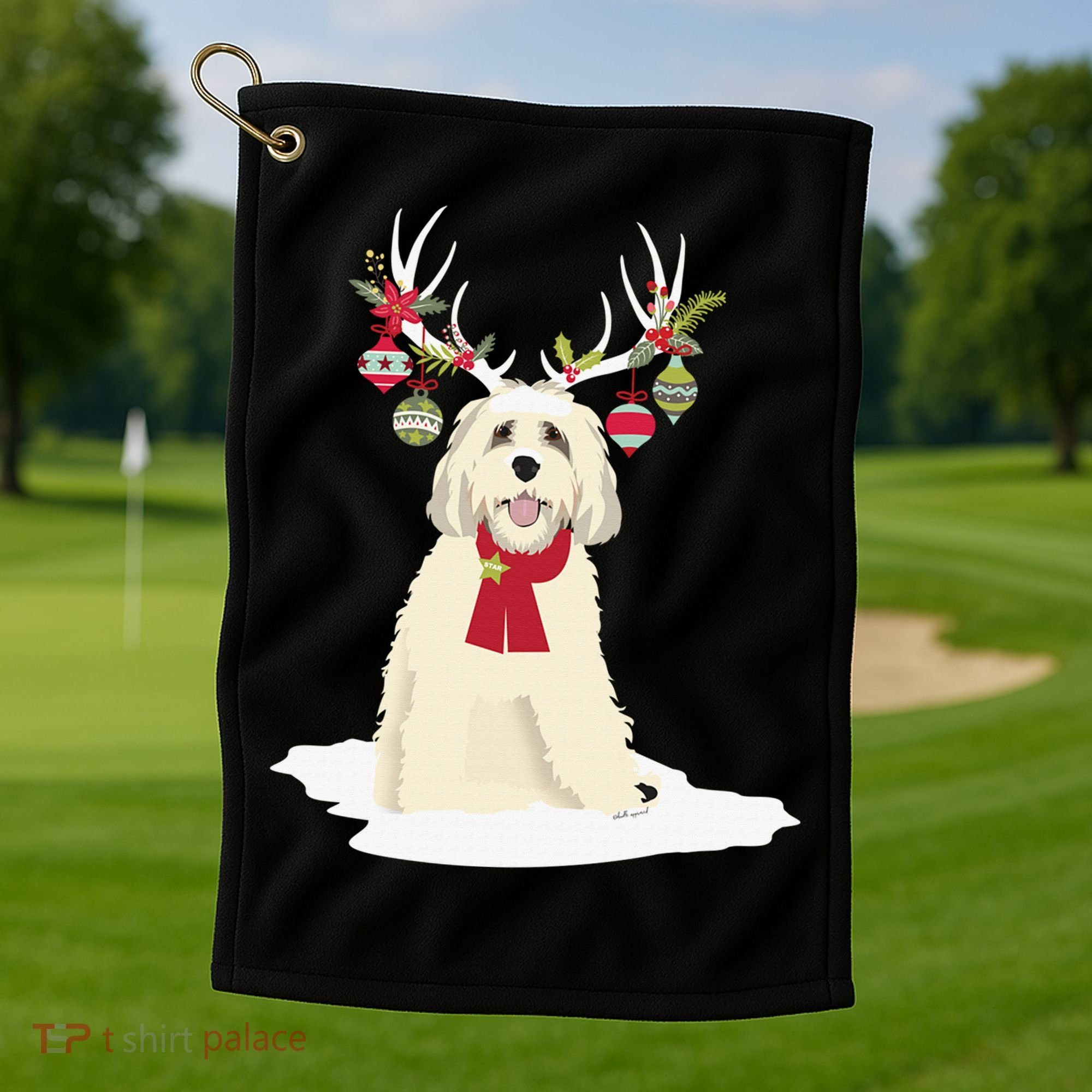 Cute Labradoodle Doodle Christmas Reindeer Graphic Holiday Golf Towel