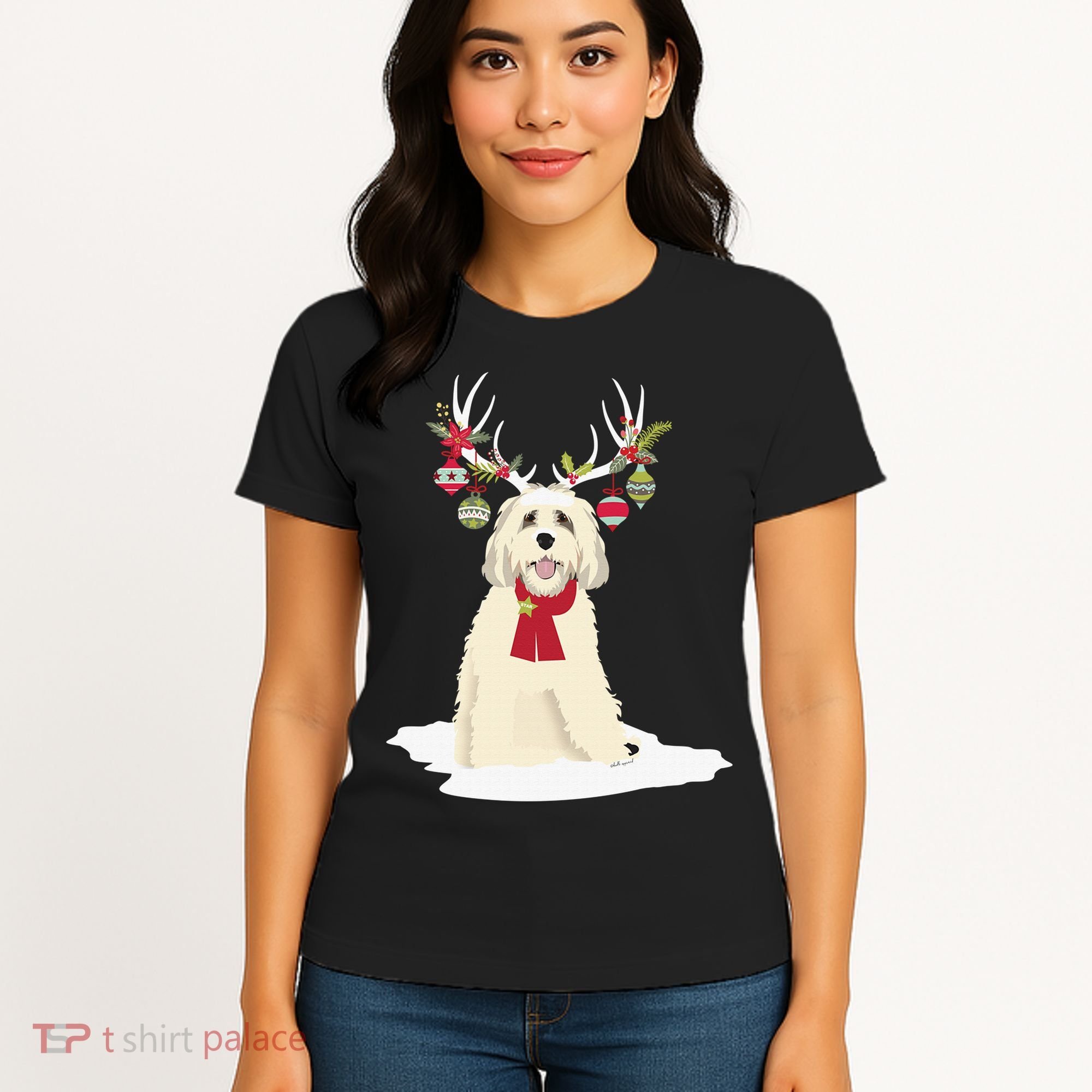 Cute Labradoodle Doodle Christmas Reindeer Graphic Holiday Women's T-Shirt
