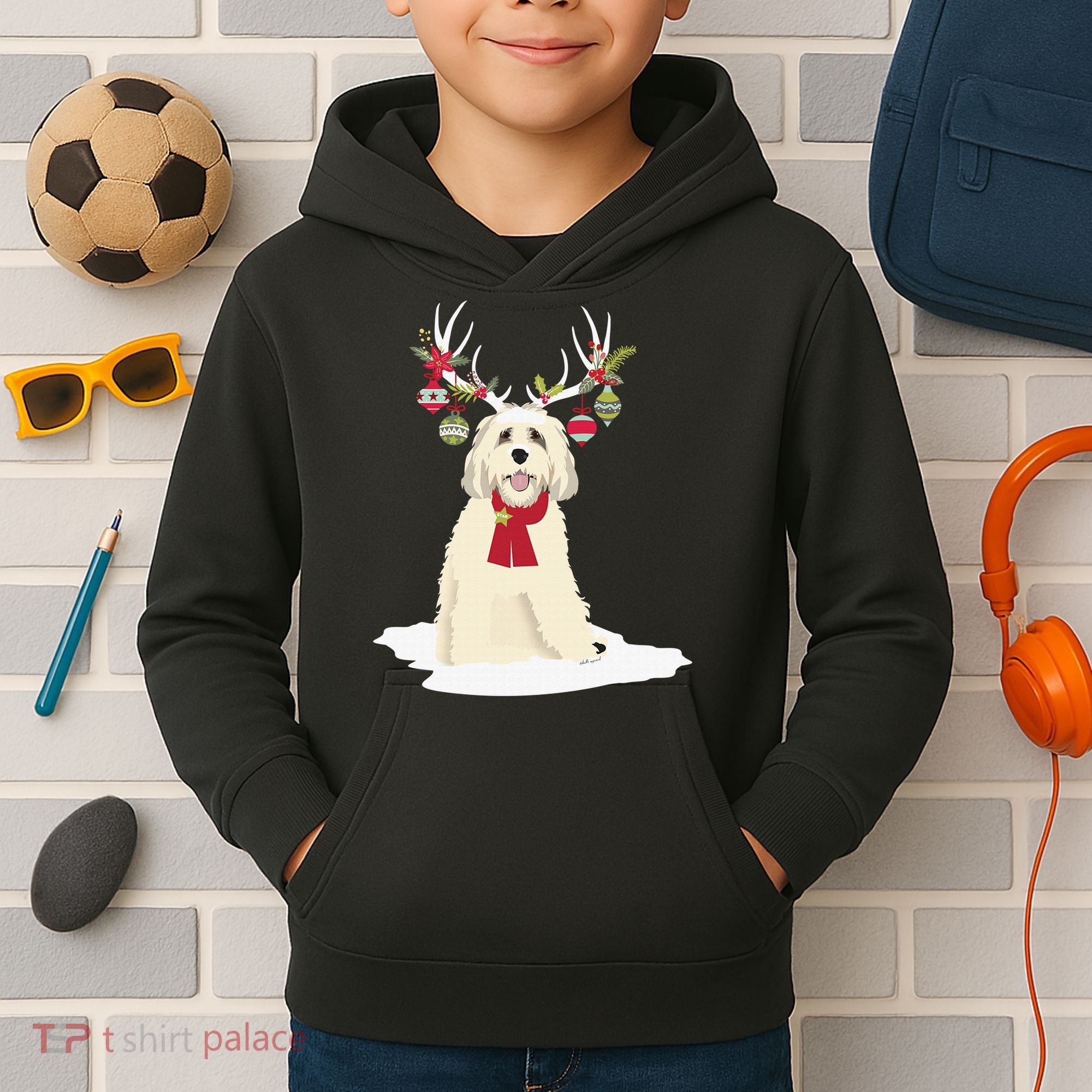 Cute Labradoodle Doodle Christmas Reindeer Graphic Holiday Kids Hoodie