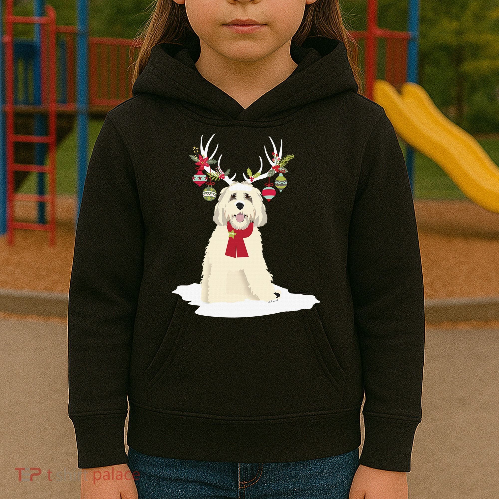 Cute Labradoodle Doodle Christmas Reindeer Graphic Holiday Kids Hoodie