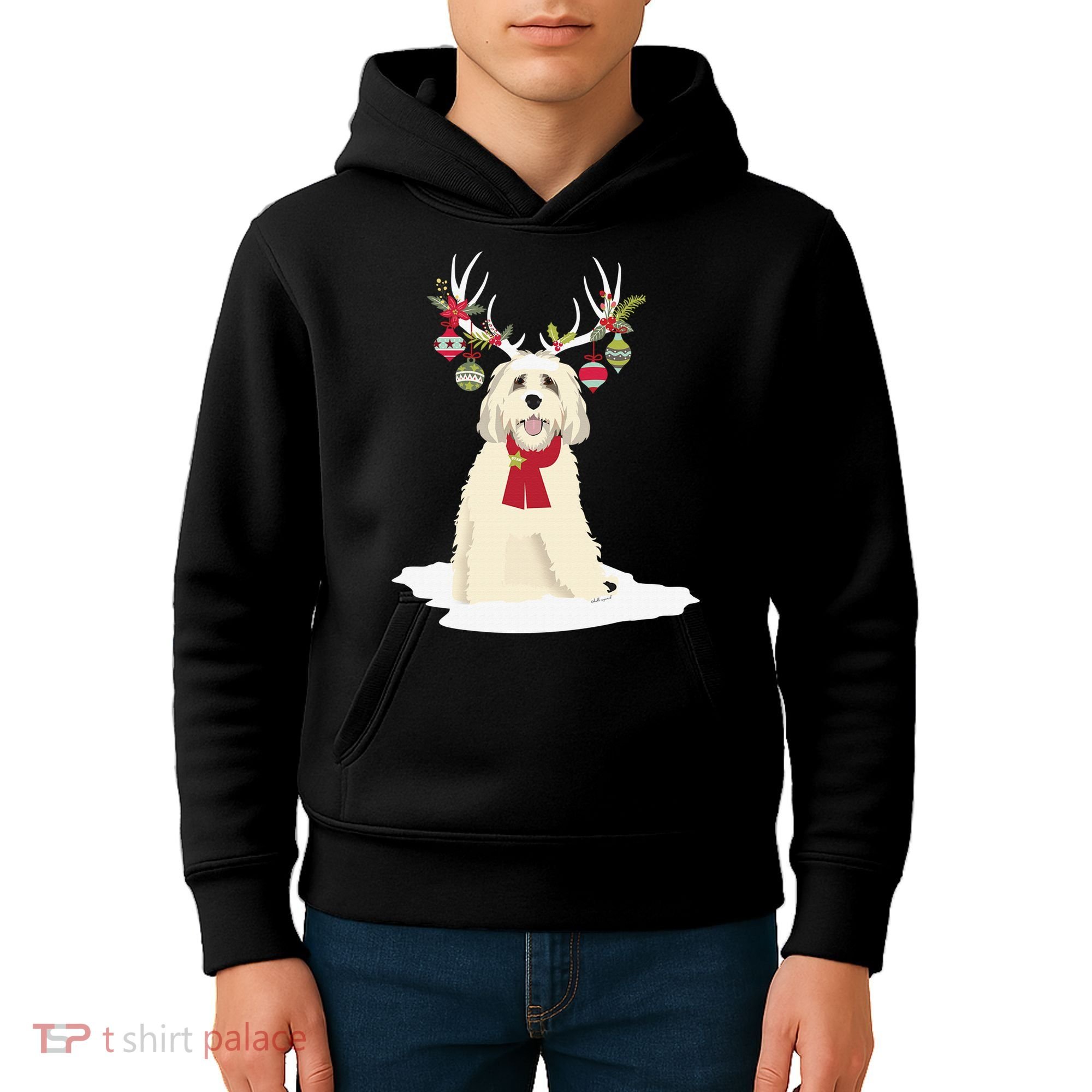 Cute Labradoodle Doodle Christmas Reindeer Graphic Holiday Kids Hoodie