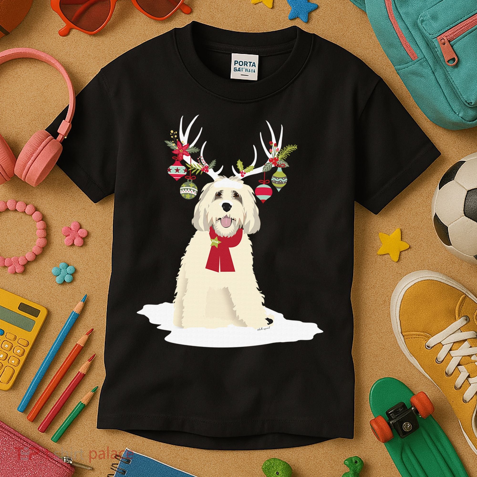 Cute Labradoodle Doodle Christmas Reindeer Graphic Holiday Kids T-Shirt