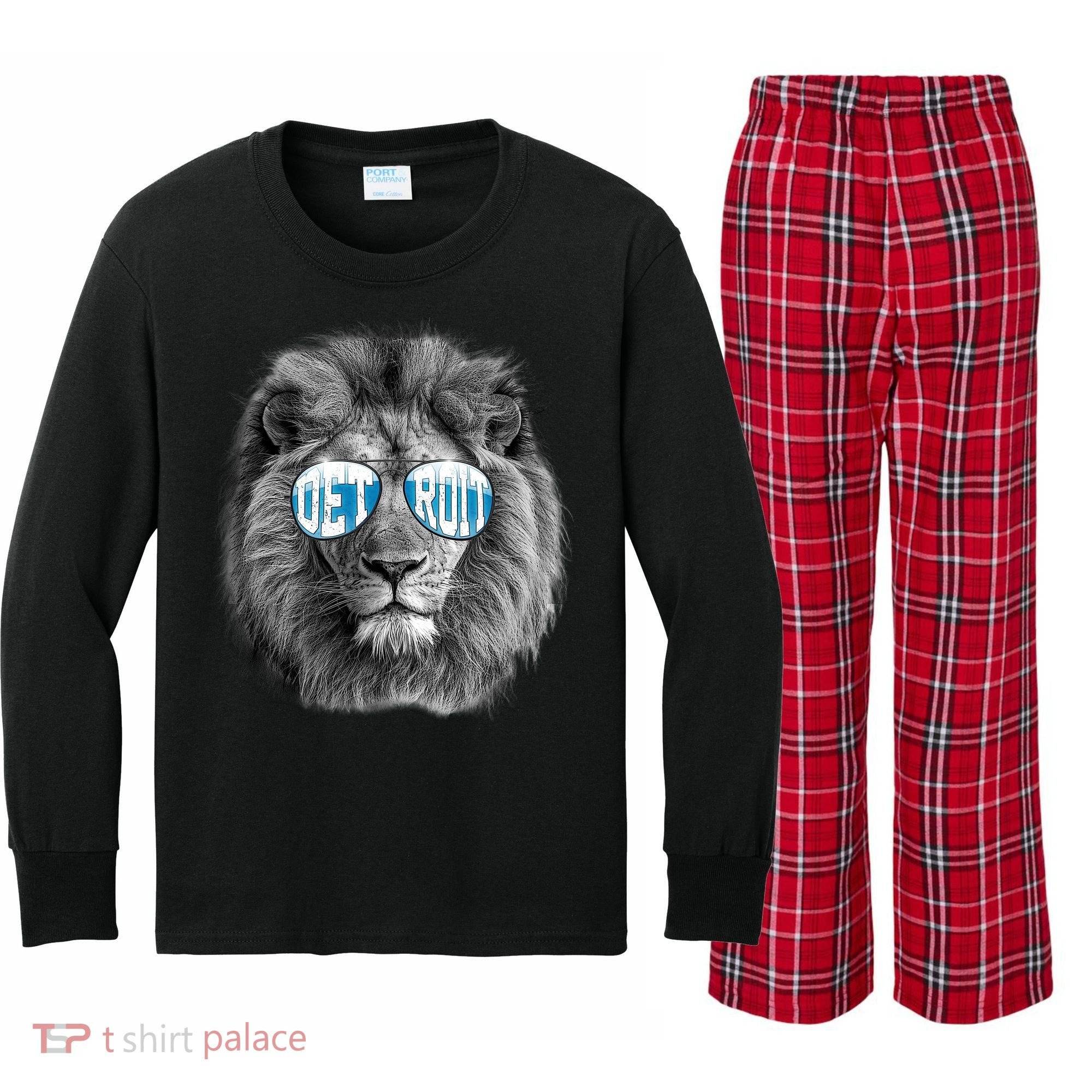Cool Lions Football Sports Fan Kids Long Sleeve Plaid Pajama Set