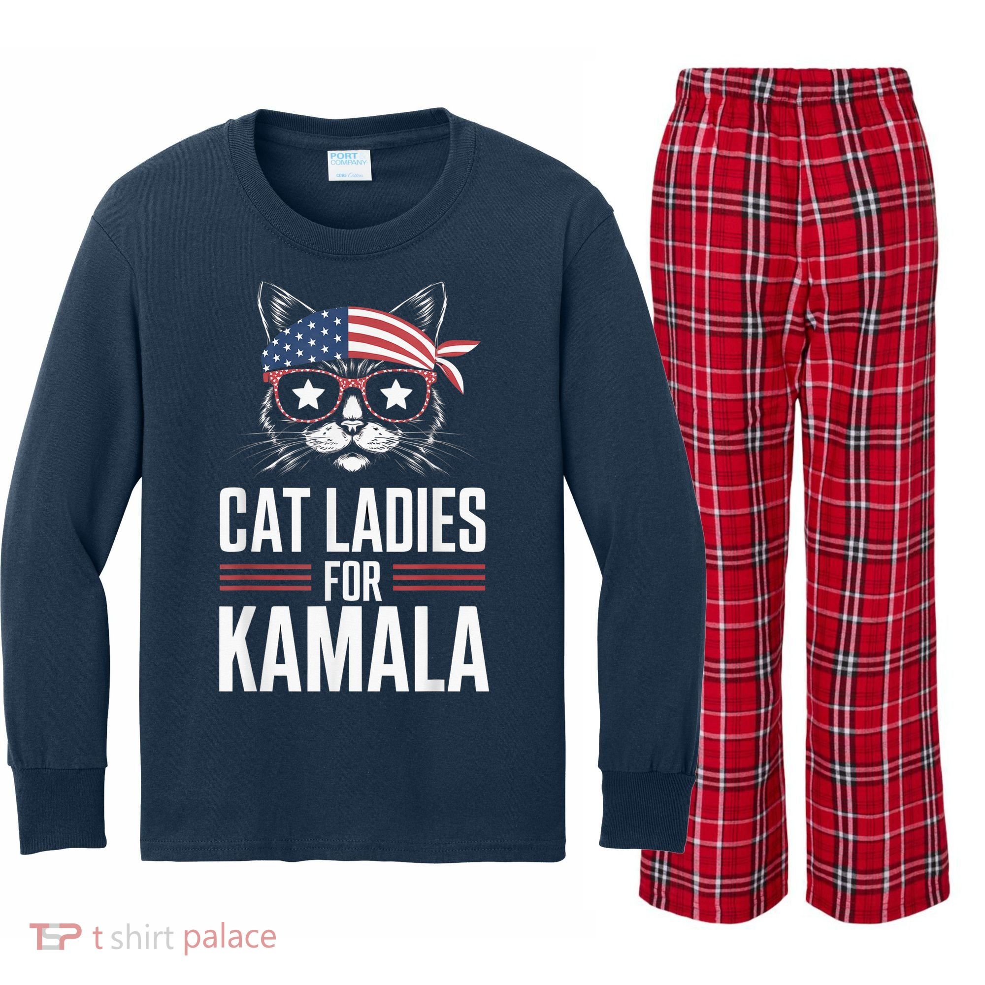 Cat Ladies For Kamala Funny Cat 2024 President Kamalaharris Kids Long Sleeve Plaid Pajama Set