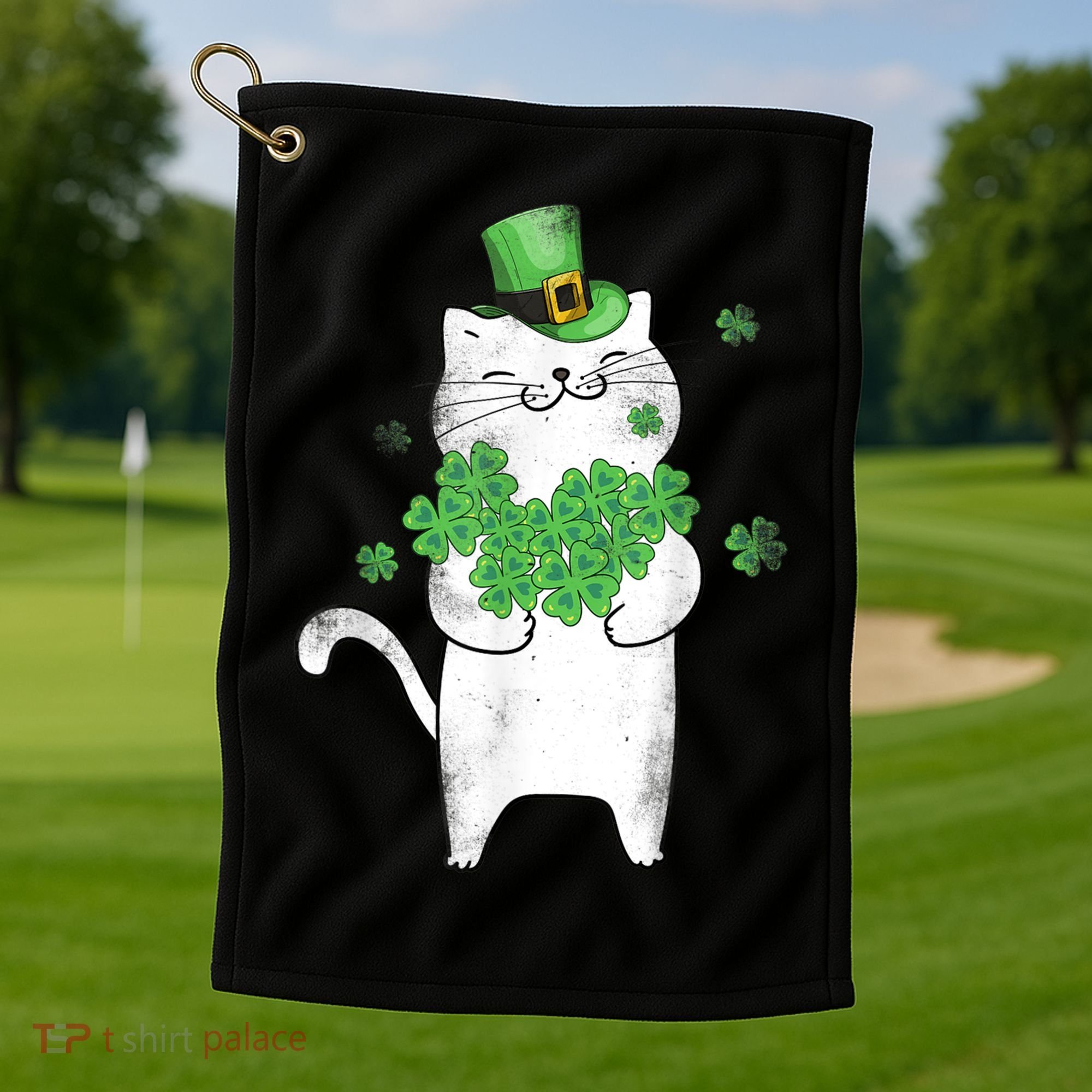 Cat Leprechaun Gift Cat Lover Shamrock Gift St Patrick's Day Gift Golf Towel