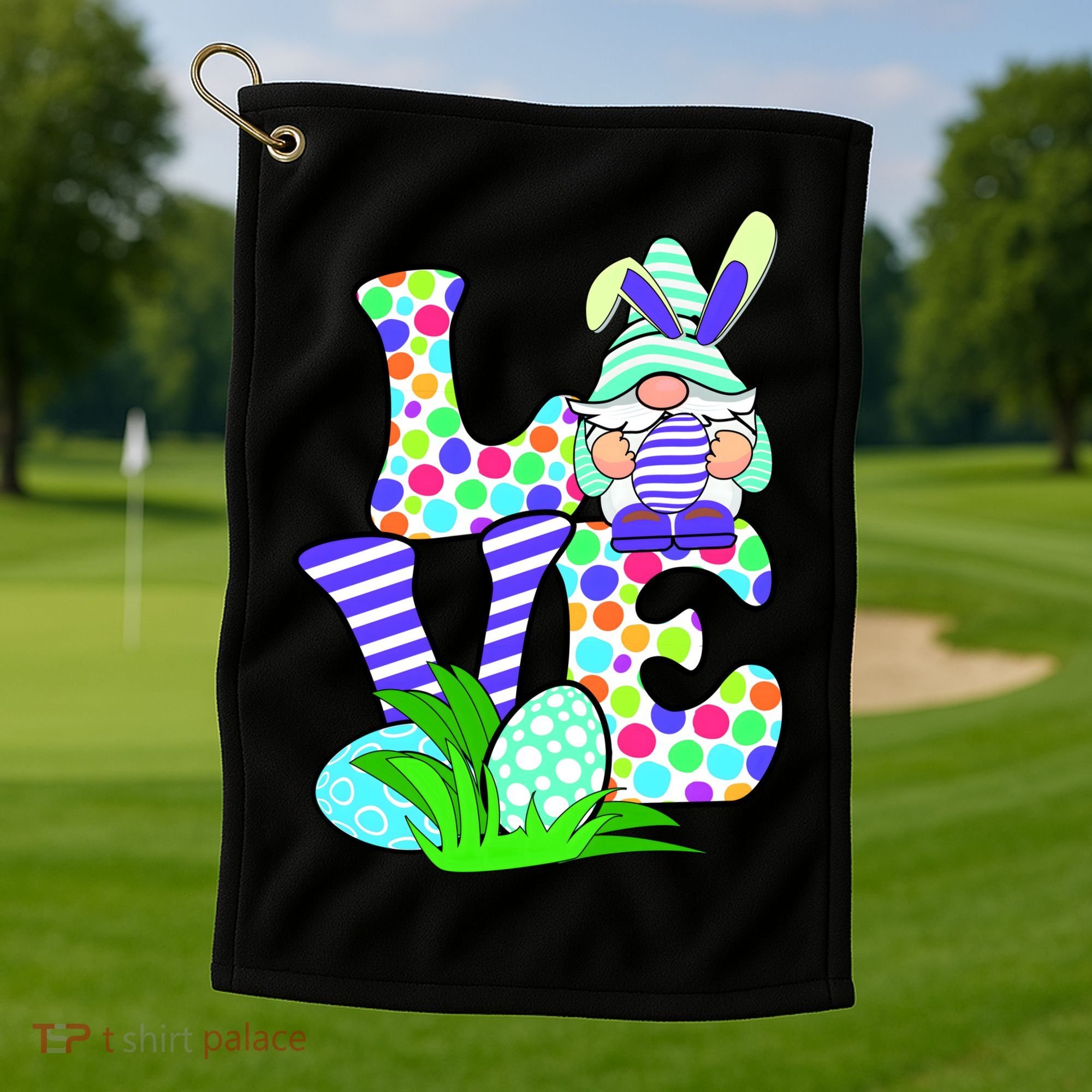 Cute Love Gnome Easter Egg Hunting Bunny Golf Towel
