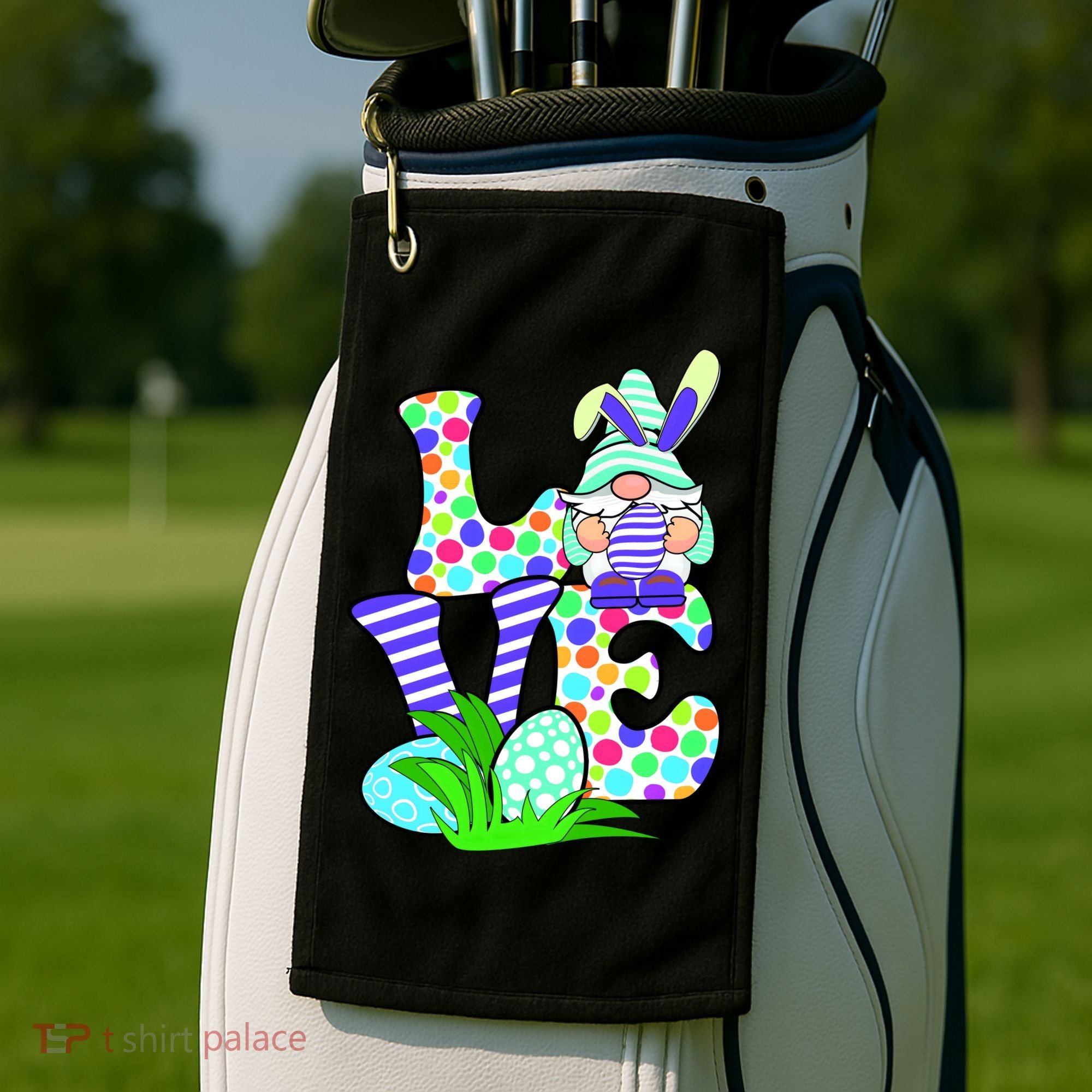 Cute Love Gnome Easter Egg Hunting Bunny Golf Towel
