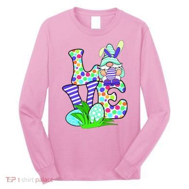Cute Love Gnome Easter Egg Hunting Bunny Long Sleeve Shirt
