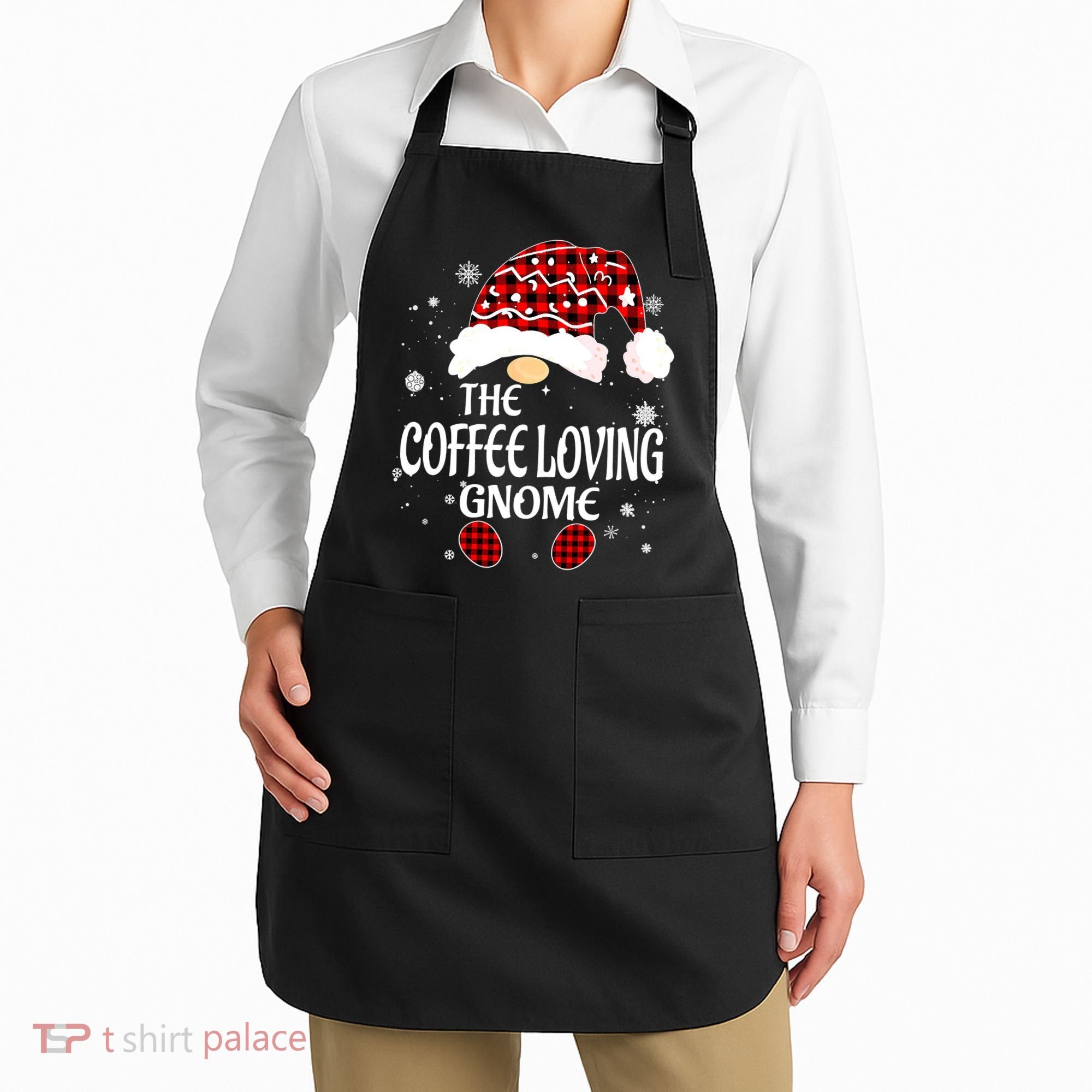 Coffee Loving Gnome Christmas Buffalo Plaid Family Matching Apron