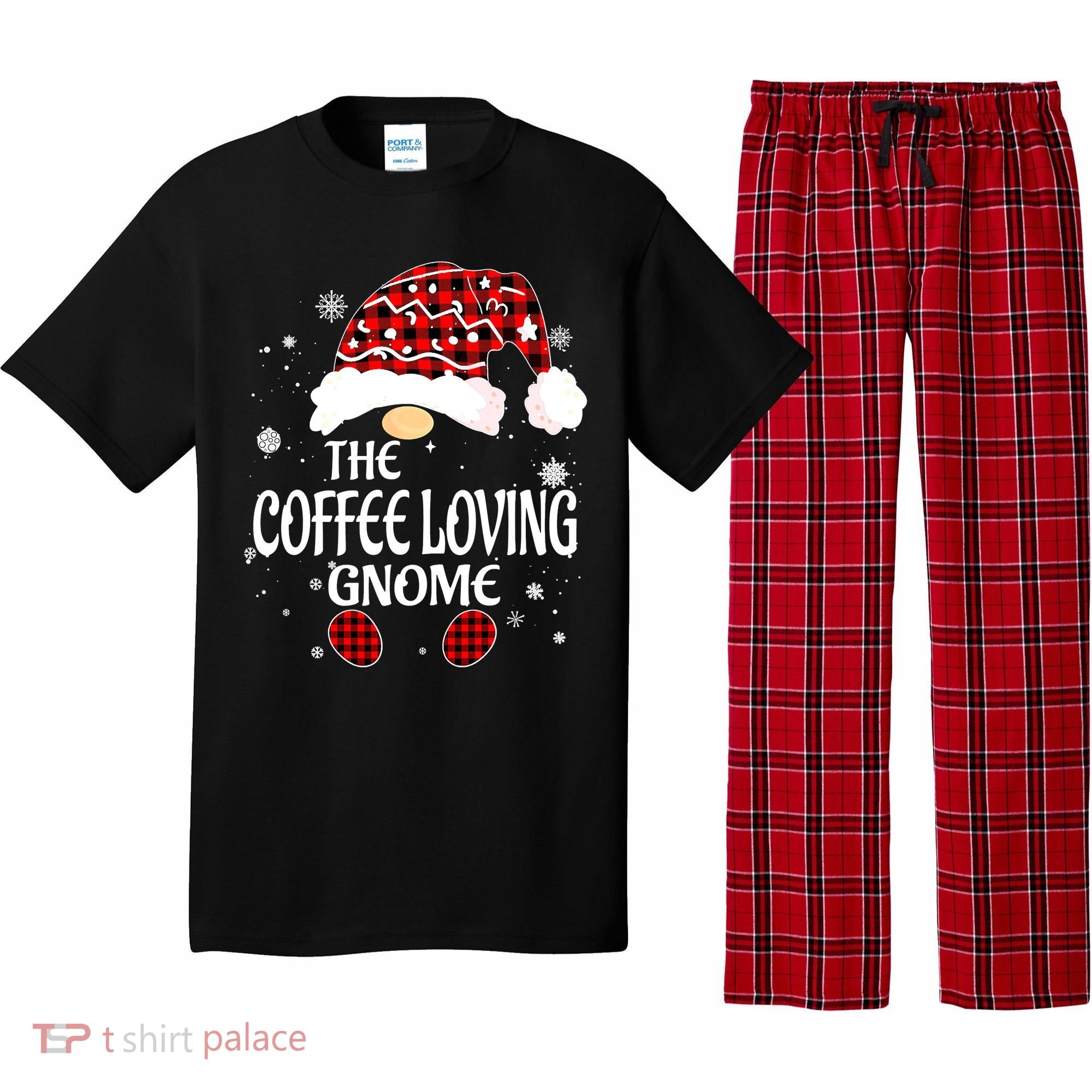 Coffee Loving Gnome Christmas Buffalo Plaid Family Matching Pajama Set