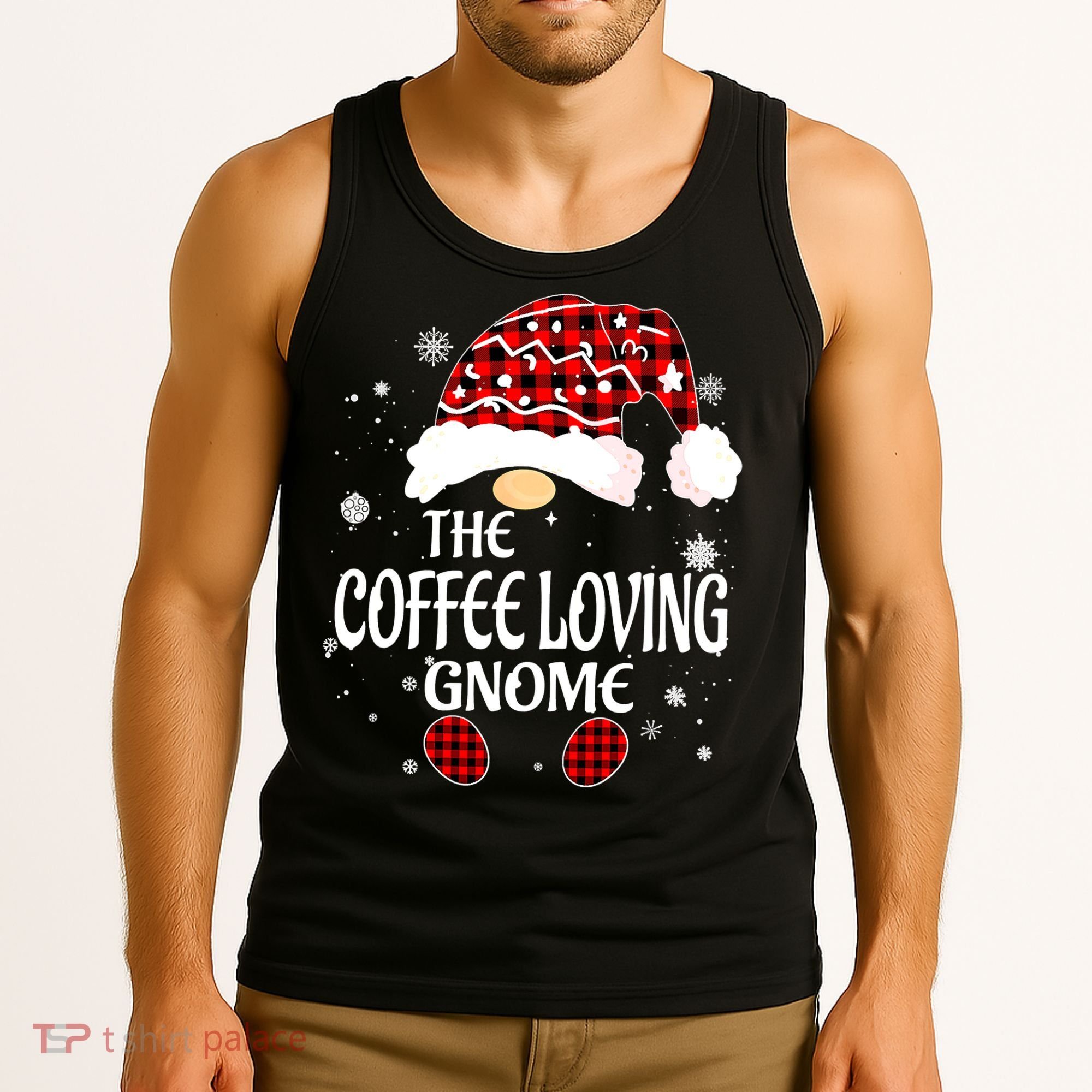 Coffee Loving Gnome Christmas Buffalo Plaid Family Matching Tank Top