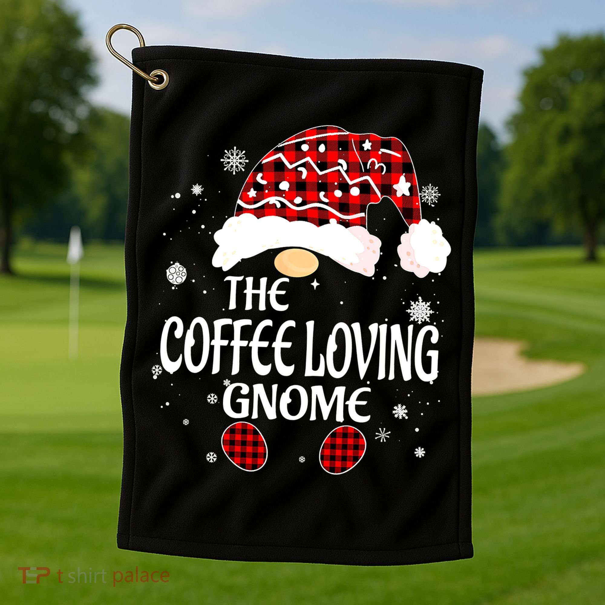 Coffee Loving Gnome Christmas Buffalo Plaid Family Matching Golf Towel