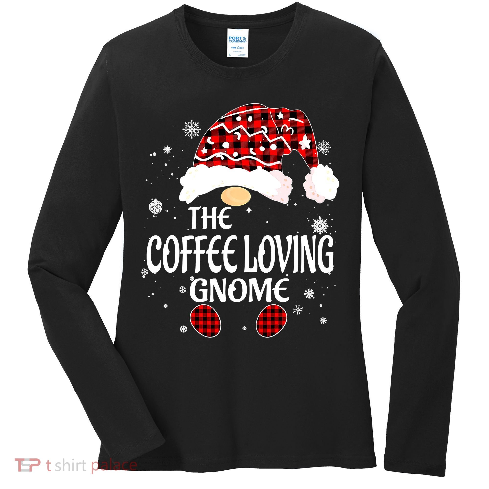 Coffee Loving Gnome Christmas Buffalo Plaid Family Matching Women's Long Sleeve Shirt