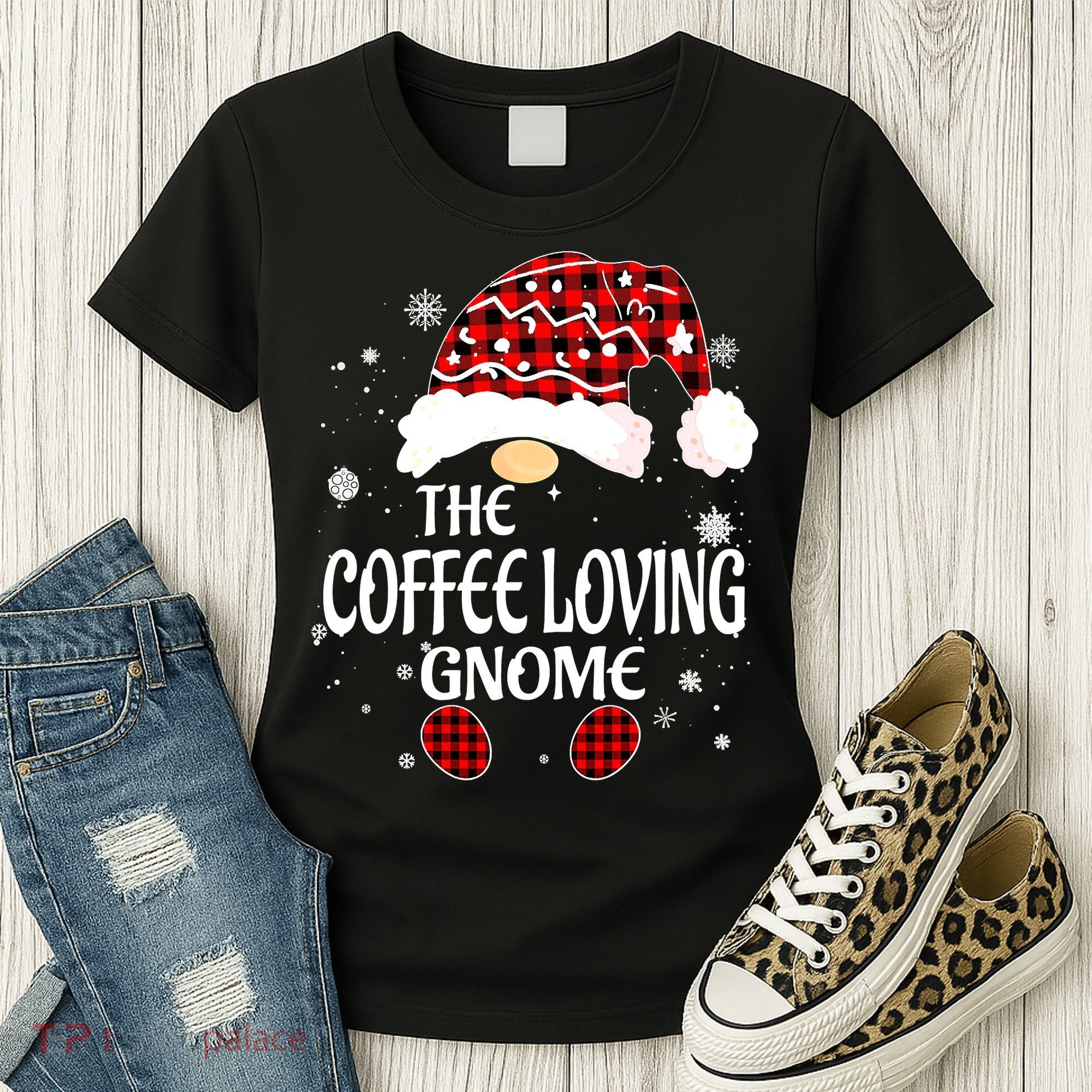 Coffee Loving Gnome Christmas Buffalo Plaid Family Matching Women's T-Shirt