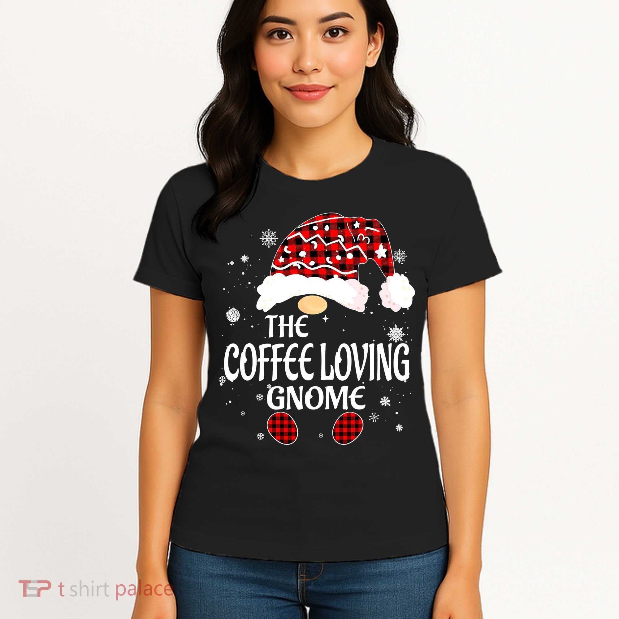 Coffee Loving Gnome Christmas Buffalo Plaid Family Matching Women's T-Shirt
