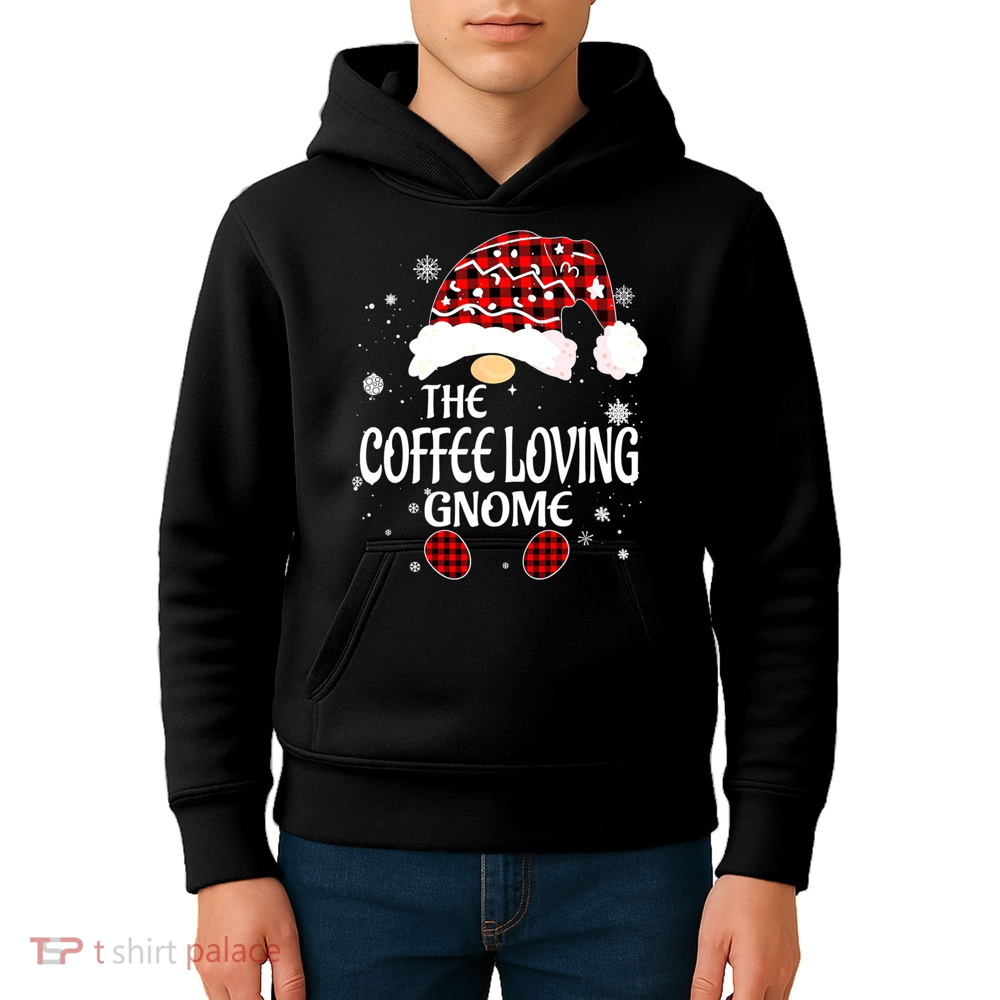 Coffee Loving Gnome Christmas Buffalo Plaid Family Matching Kids Hoodie