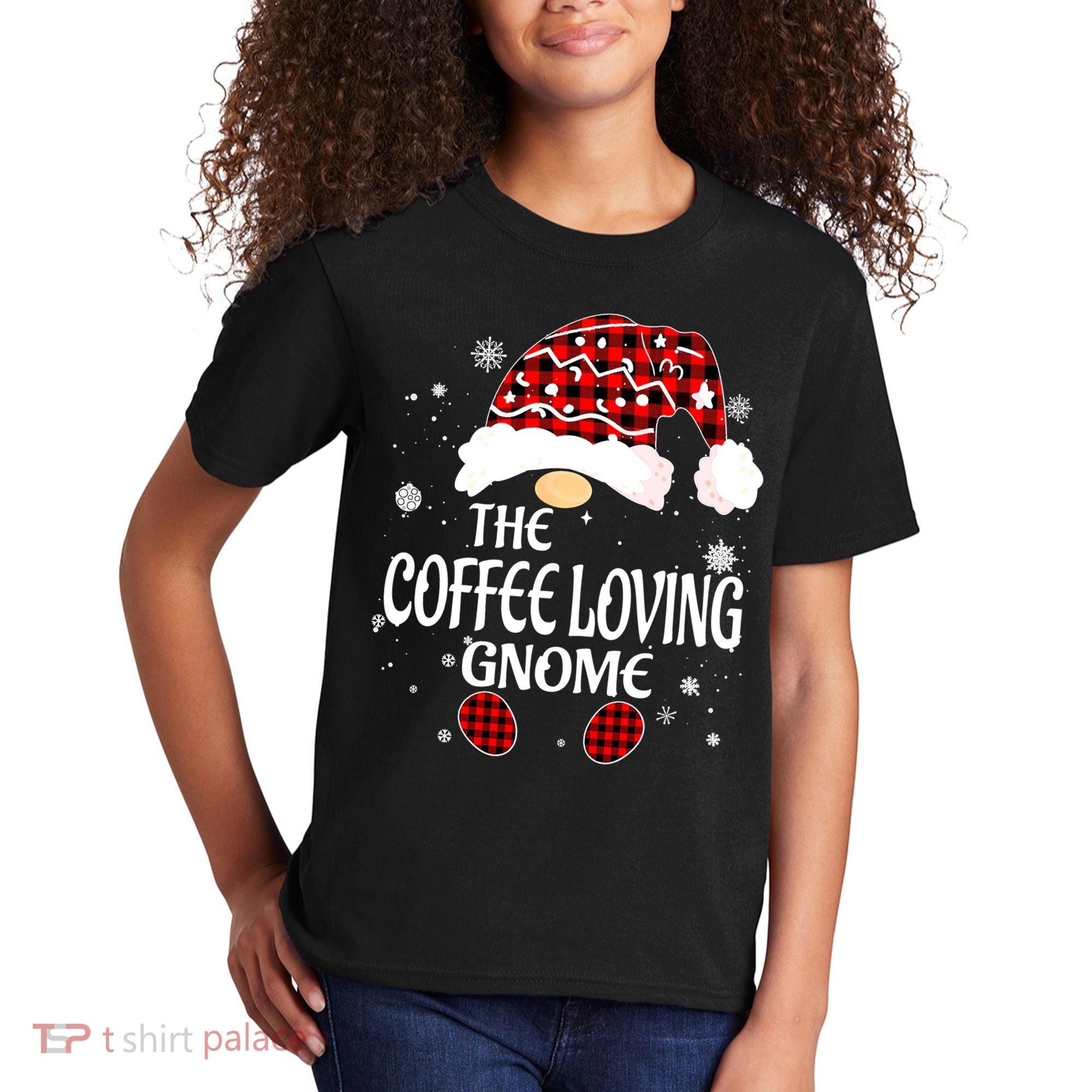 Coffee Loving Gnome Christmas Buffalo Plaid Family Matching Kids T-Shirt