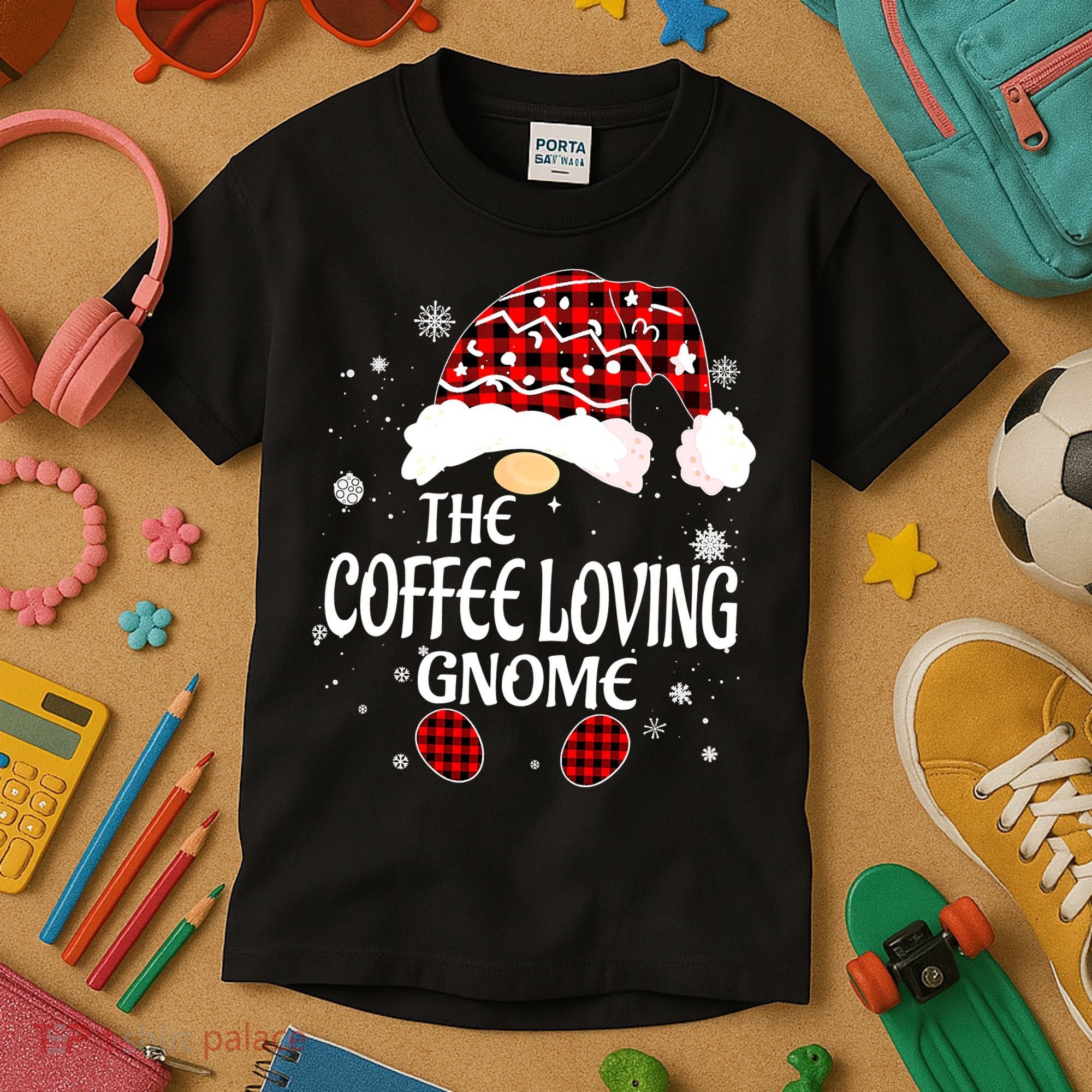 Coffee Loving Gnome Christmas Buffalo Plaid Family Matching Kids T-Shirt
