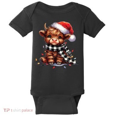 Christmas Lights Highland Cow Baby Bodysuit