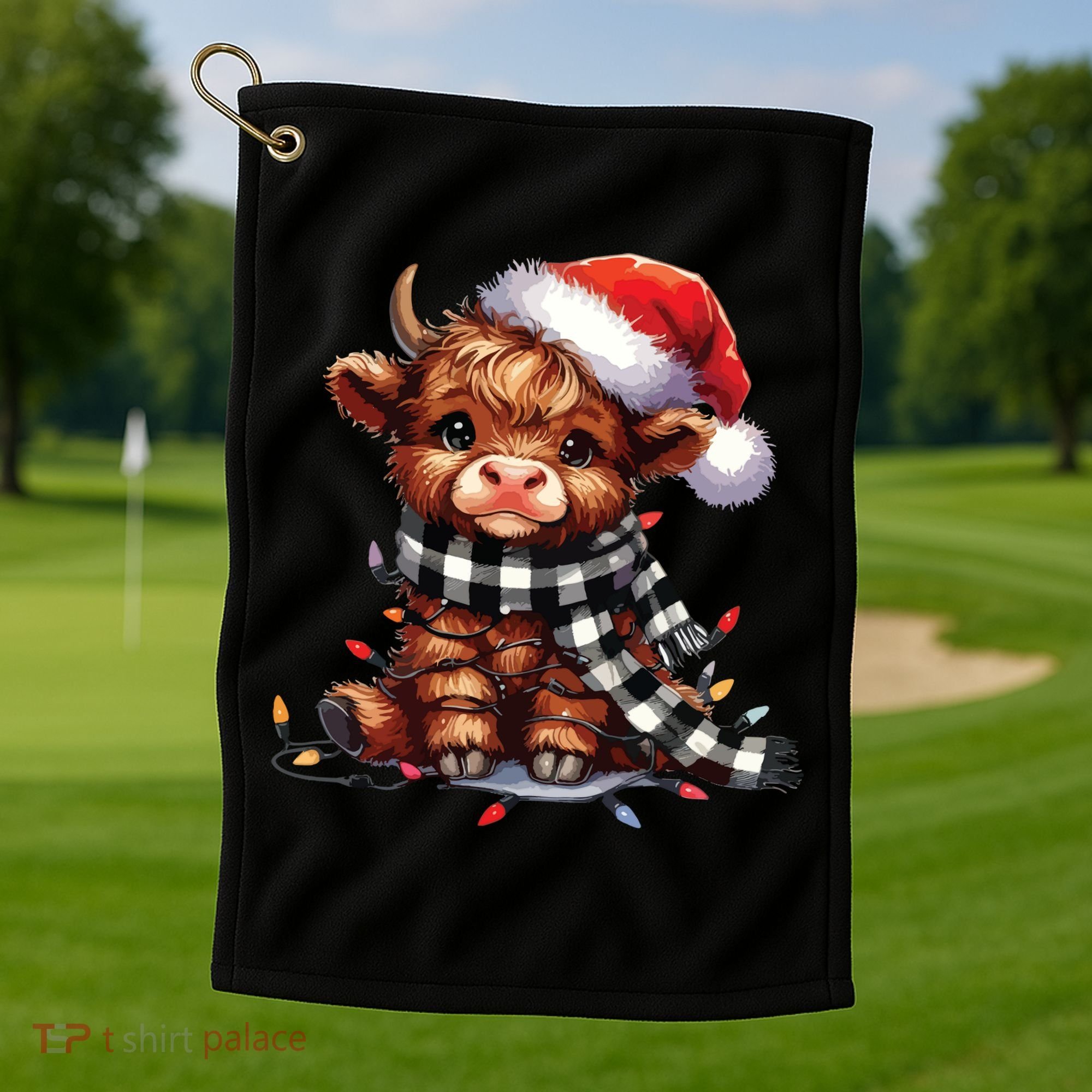 Christmas Lights Highland Cow Golf Towel