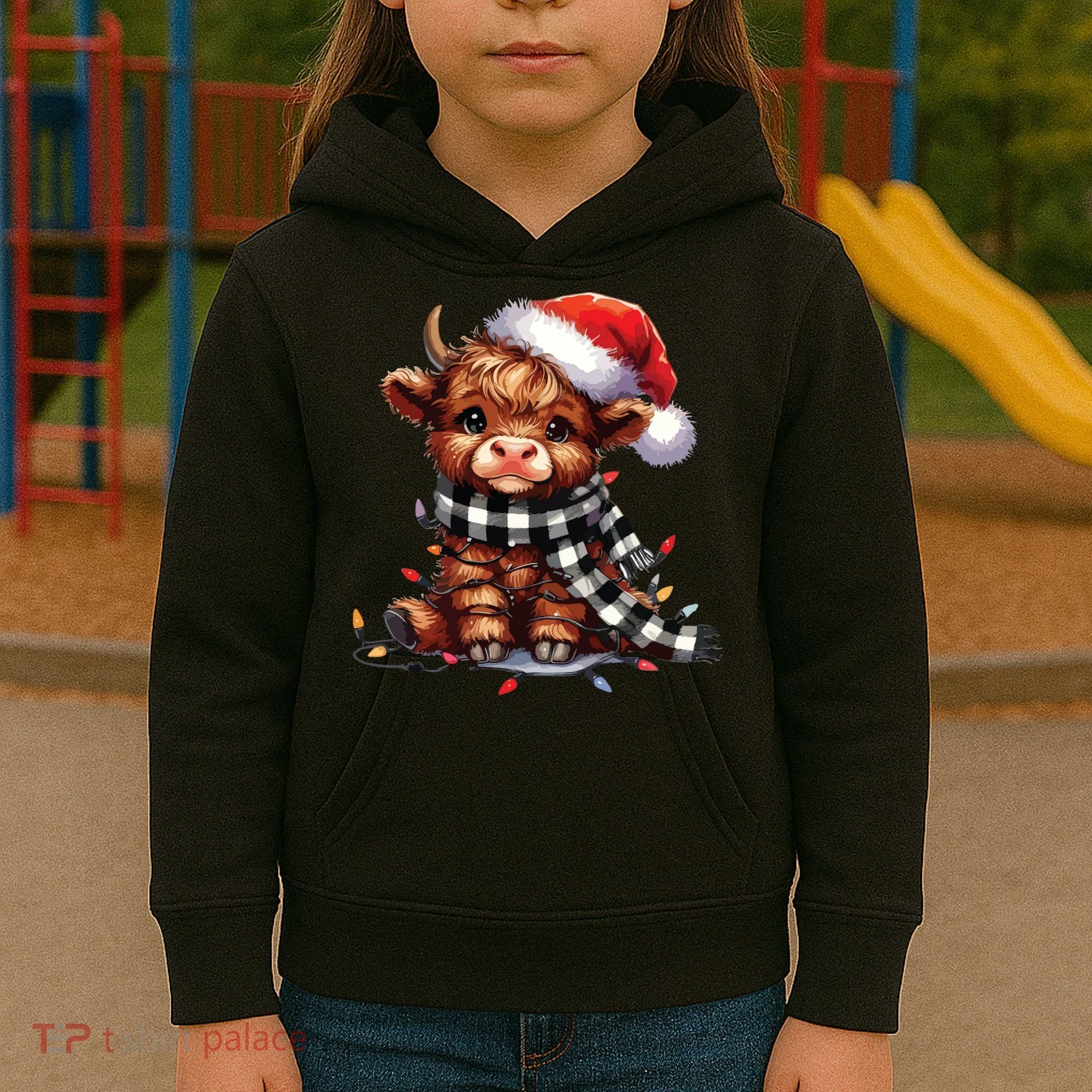 Christmas Lights Highland Cow Kids Hoodie
