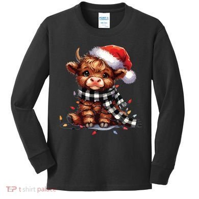 Christmas Lights Highland Cow Kids Long Sleeve Shirt