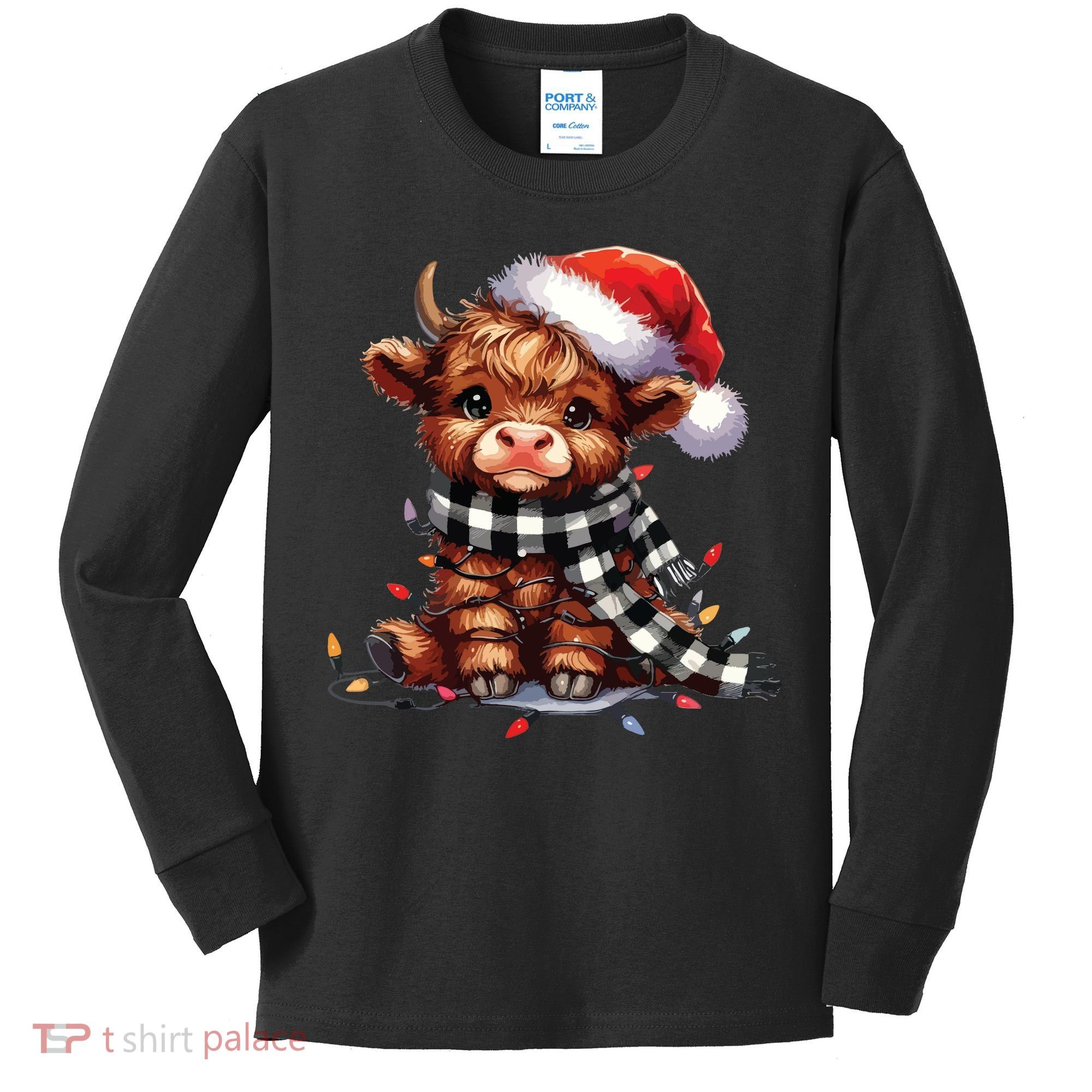 Christmas Lights Highland Cow Kids Long Sleeve Shirt