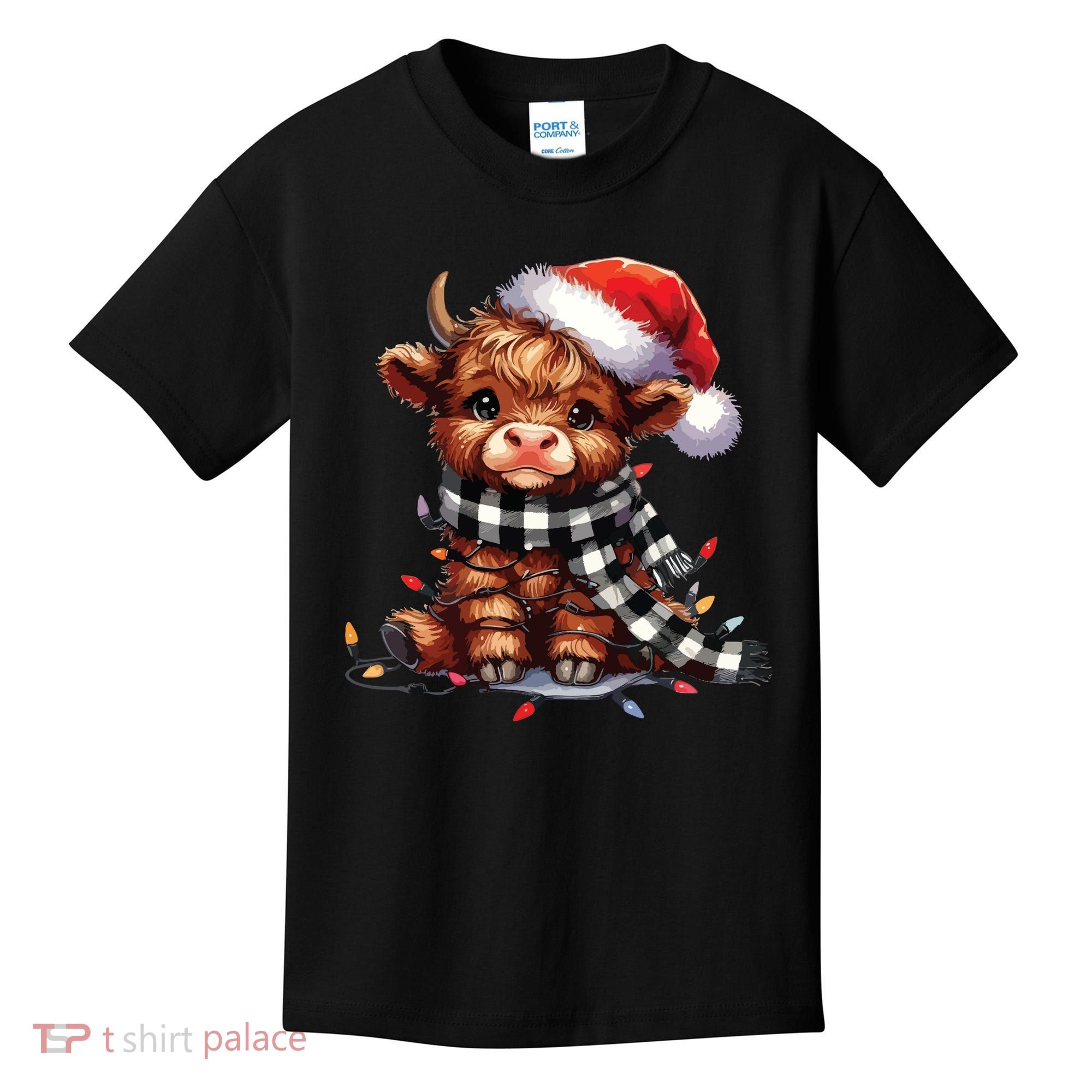 Christmas Lights Highland Cow Kids T-Shirt