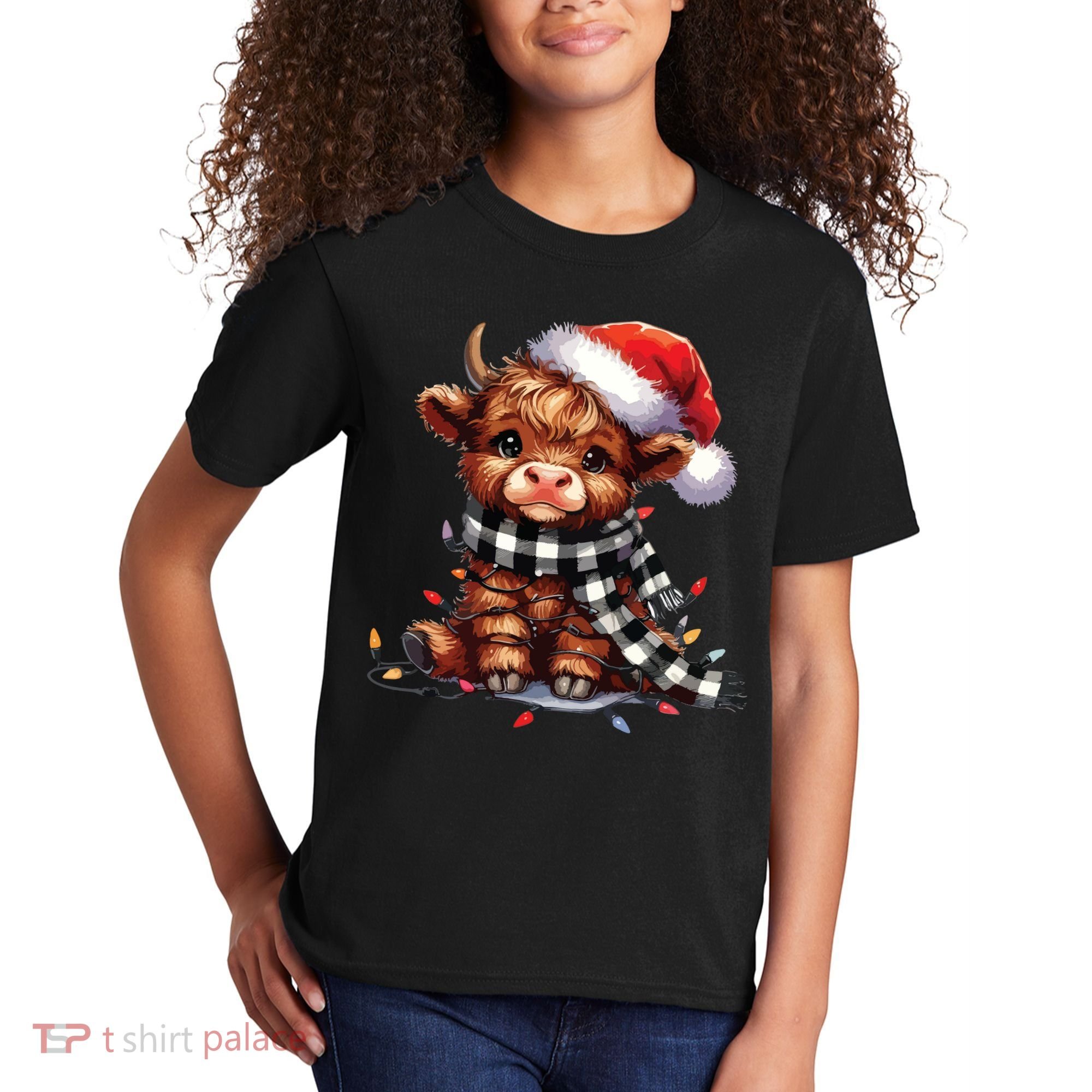 Christmas Lights Highland Cow Kids T-Shirt