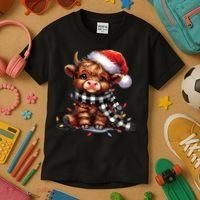 Christmas Lights Highland Cow Kids T-Shirt thumb 3