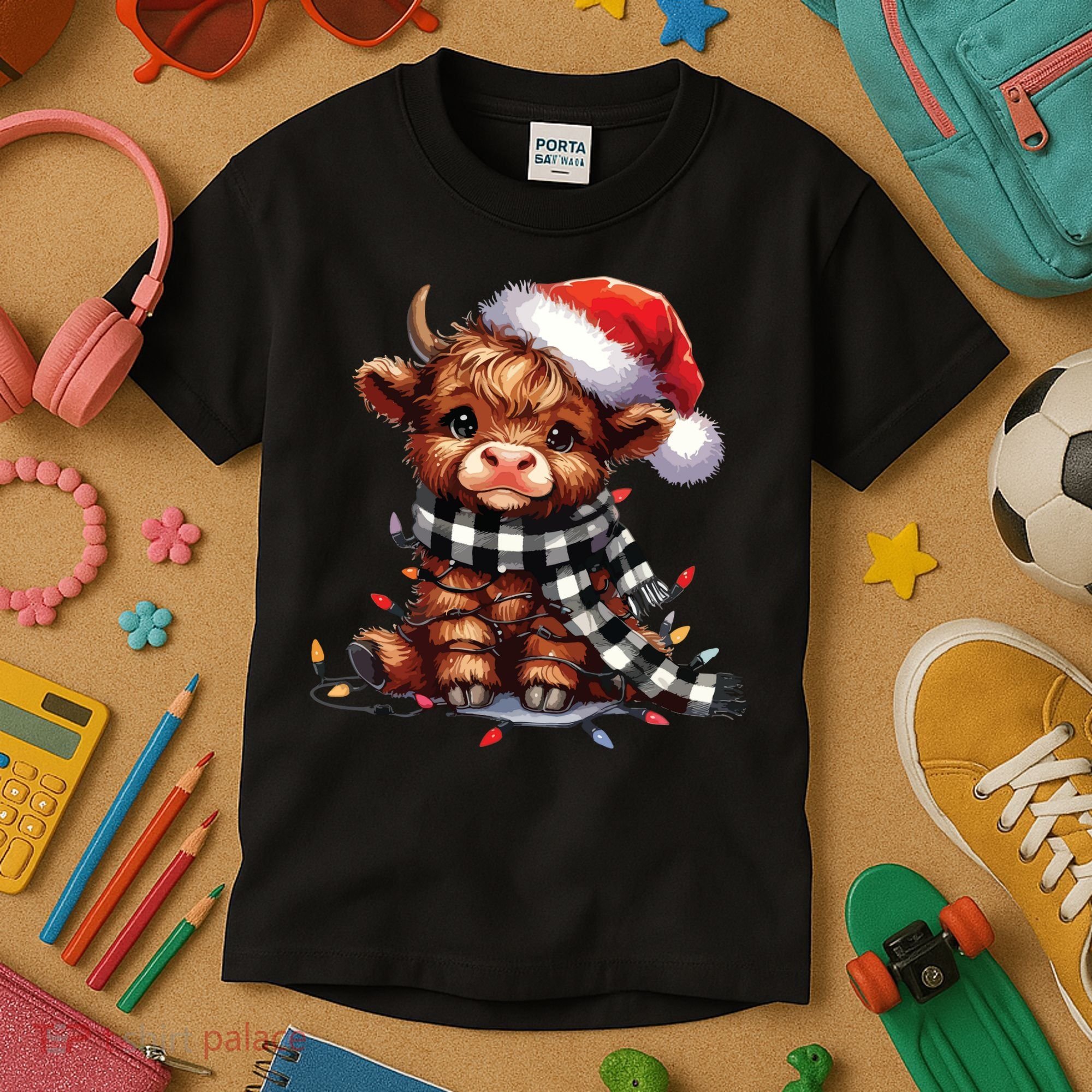 Christmas Lights Highland Cow Kids T-Shirt