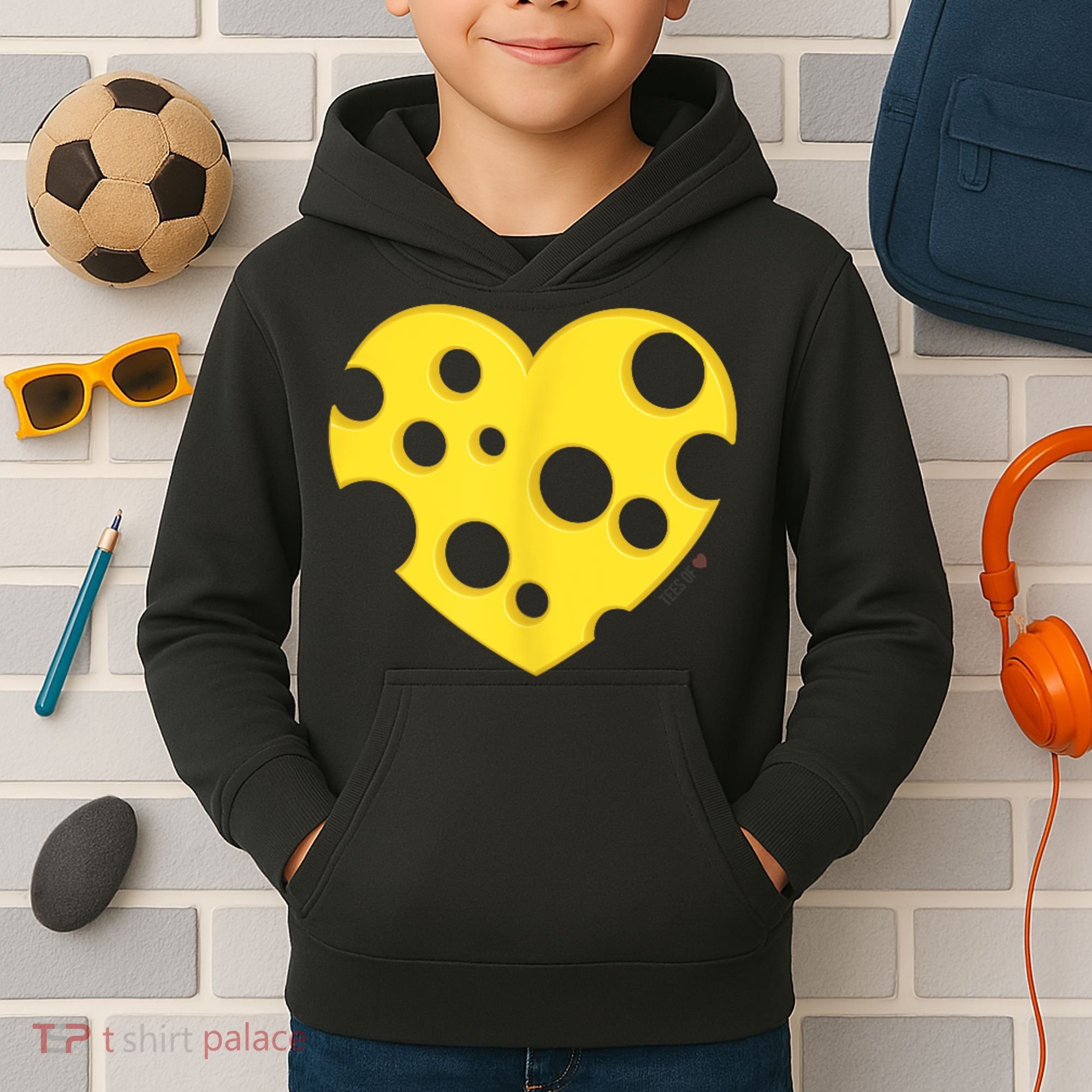 Cheese Love Heart Pocket. Holey Cheese Kids Hoodie