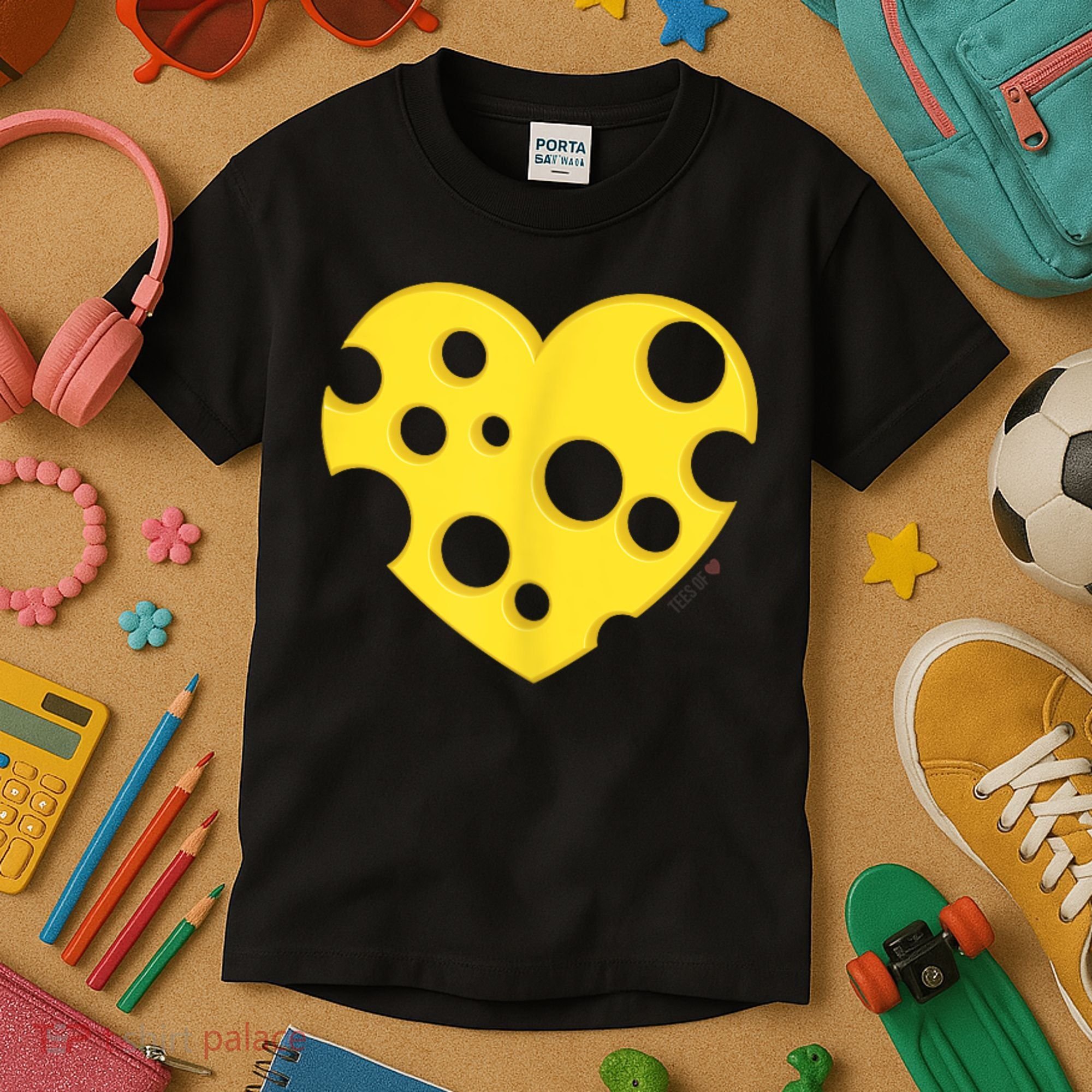 Cheese Love Heart Pocket. Holey Cheese Kids T-Shirt