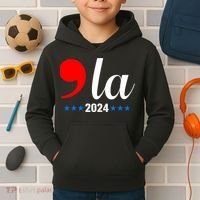 Comma + La Kamala Harris For President 2024 Election Kids Hoodie thumb 2