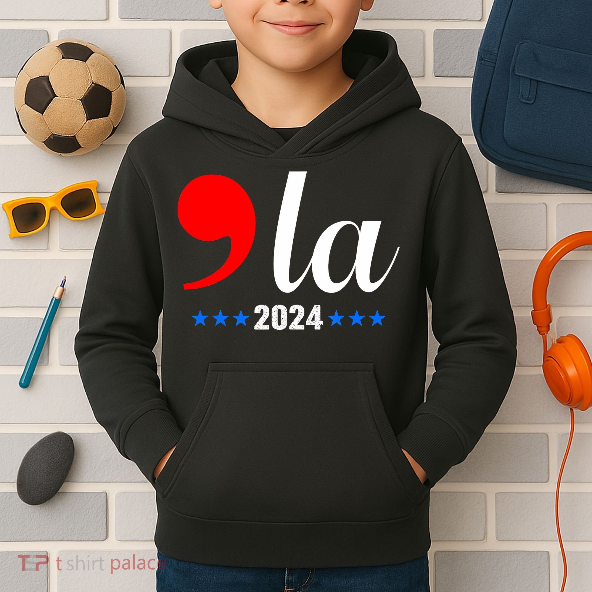 Comma + La Kamala Harris For President 2024 Election Kids Hoodie