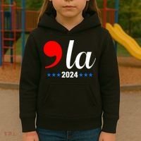 Comma + La Kamala Harris For President 2024 Election Kids Hoodie thumb 3