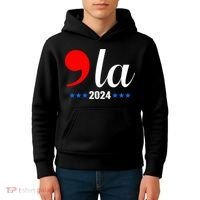 Comma + La Kamala Harris For President 2024 Election Kids Hoodie thumb 4