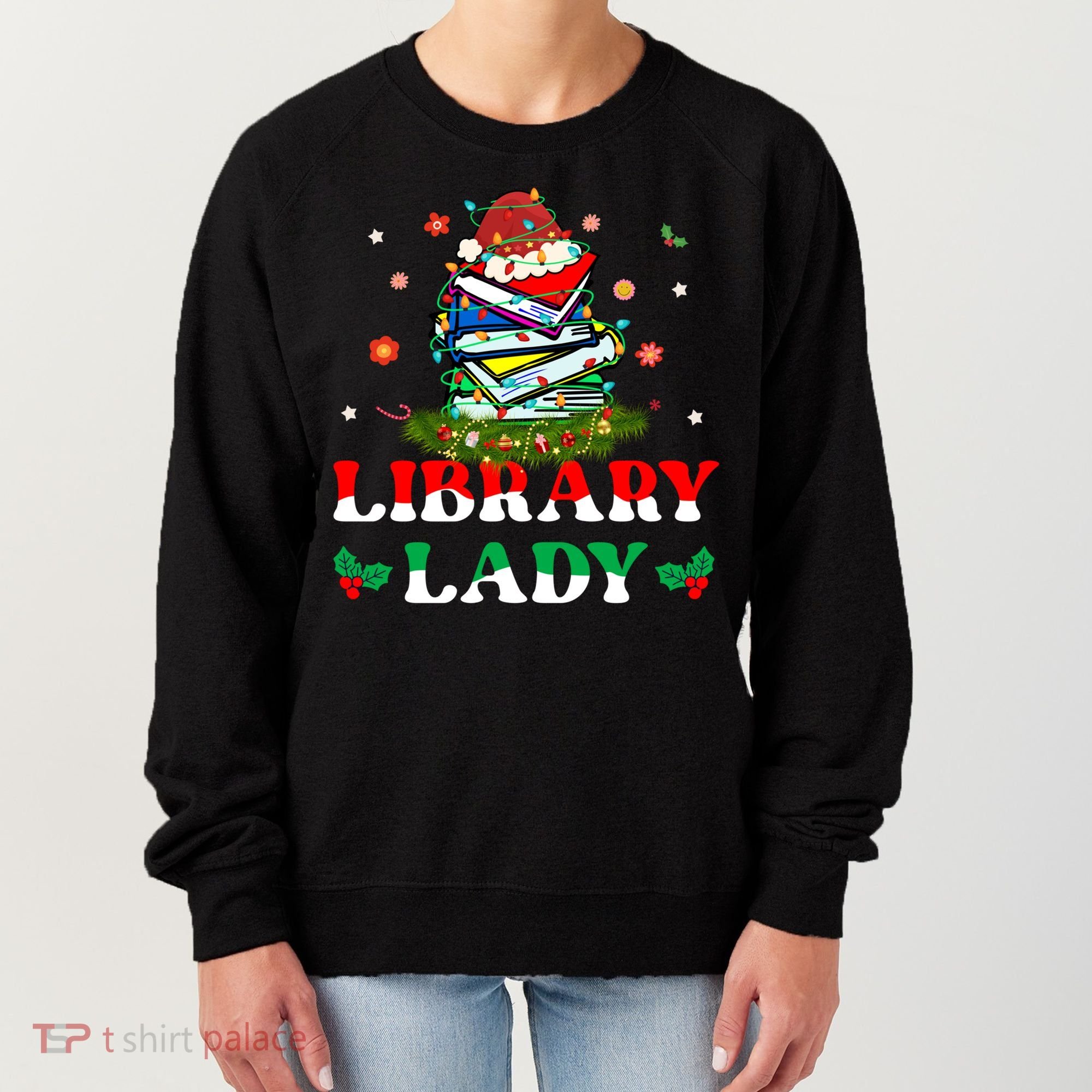 Christmas Library Lady Librarian Xmas Lights Books Gift Women's Sweatshirt