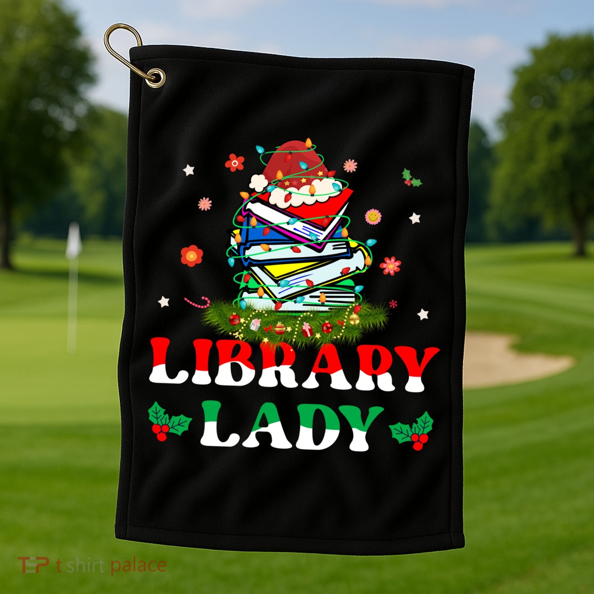 Christmas Library Lady Librarian Xmas Lights Books Gift Golf Towel