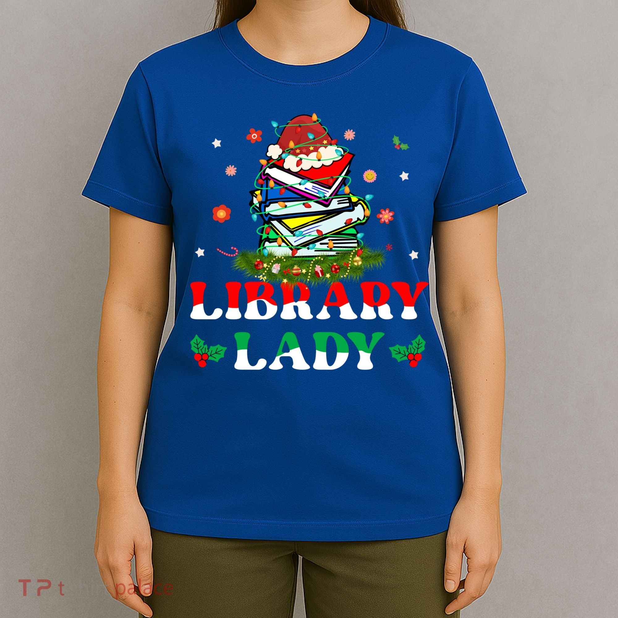 Christmas Library Lady Librarian Xmas Lights Books Gift T-Shirt