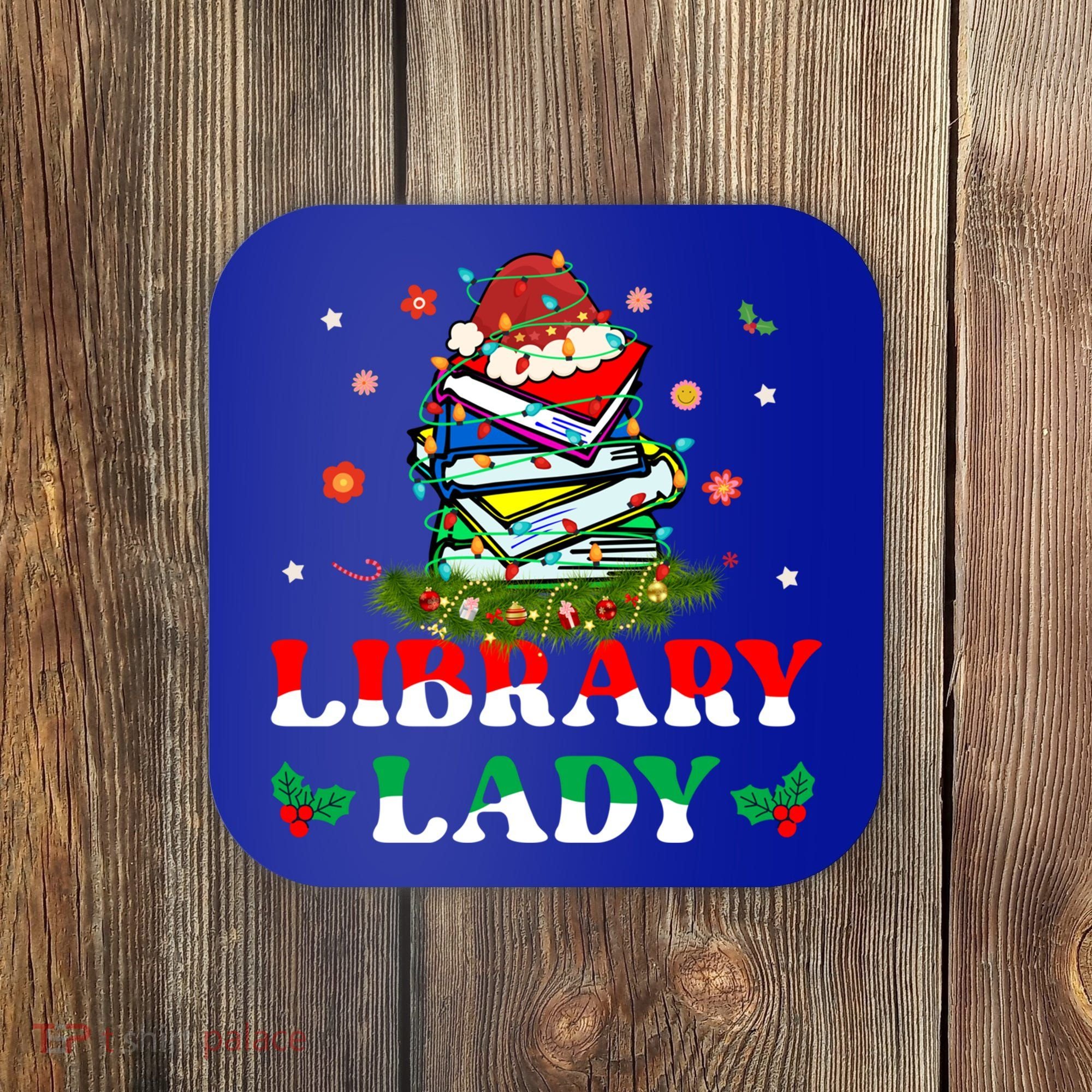 Christmas Library Lady Librarian Xmas Lights Books Gift Coaster