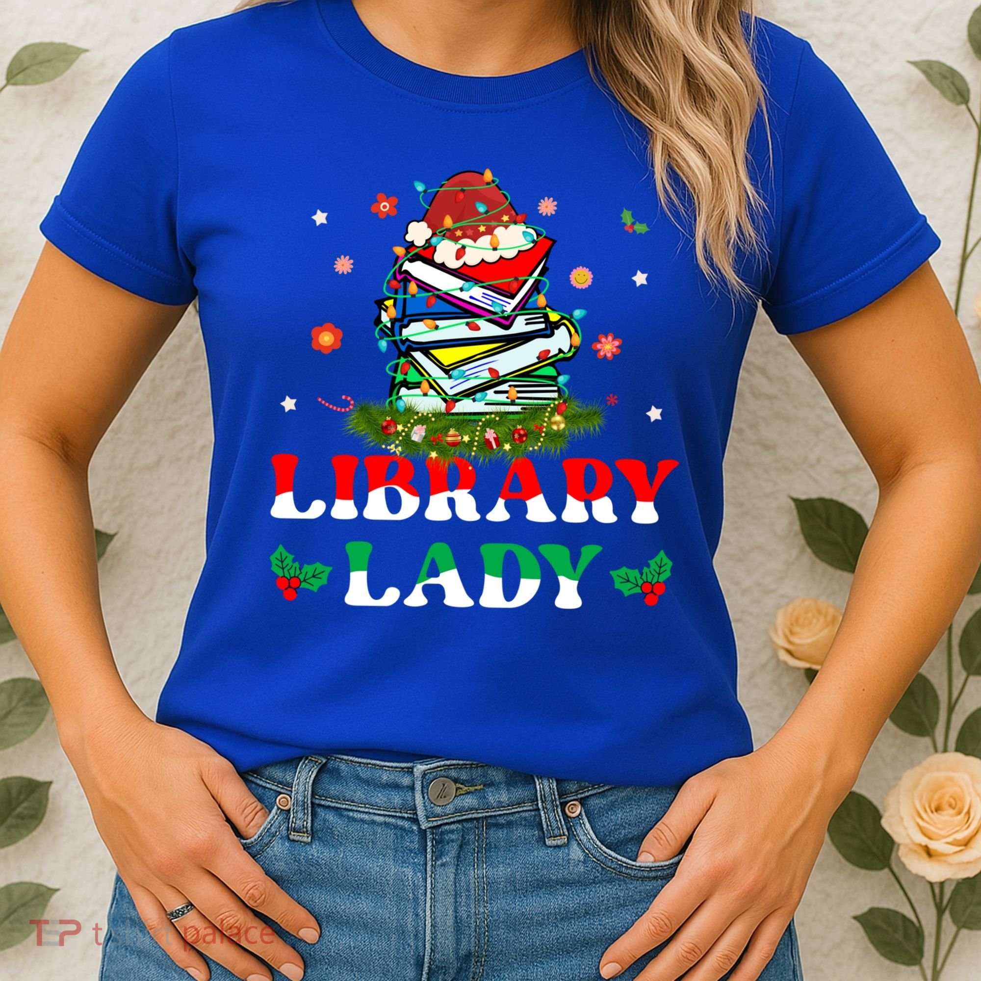 Christmas Library Lady Librarian Xmas Lights Books Gift Women's T-Shirt