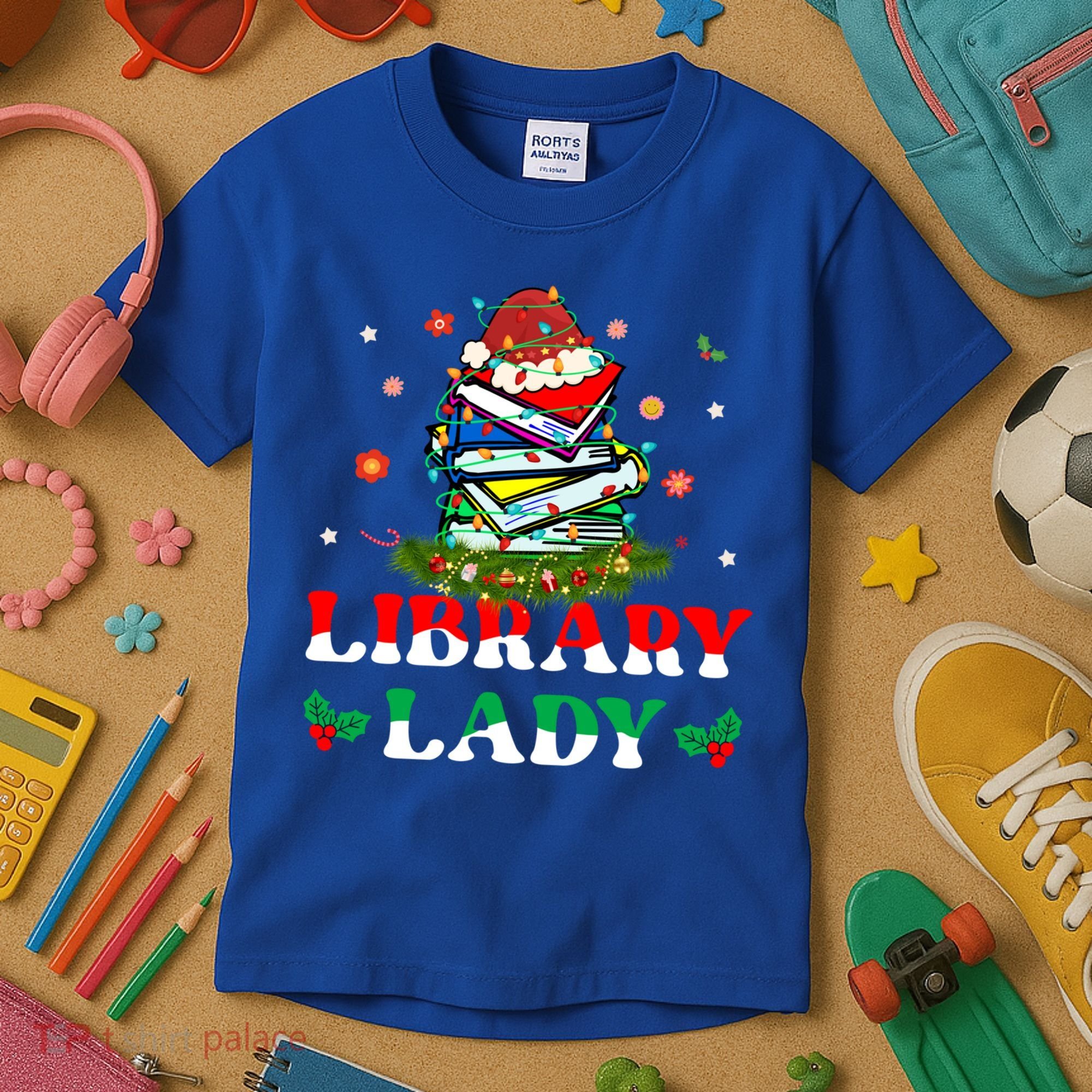 Christmas Library Lady Librarian Xmas Lights Books Gift Kids T-Shirt