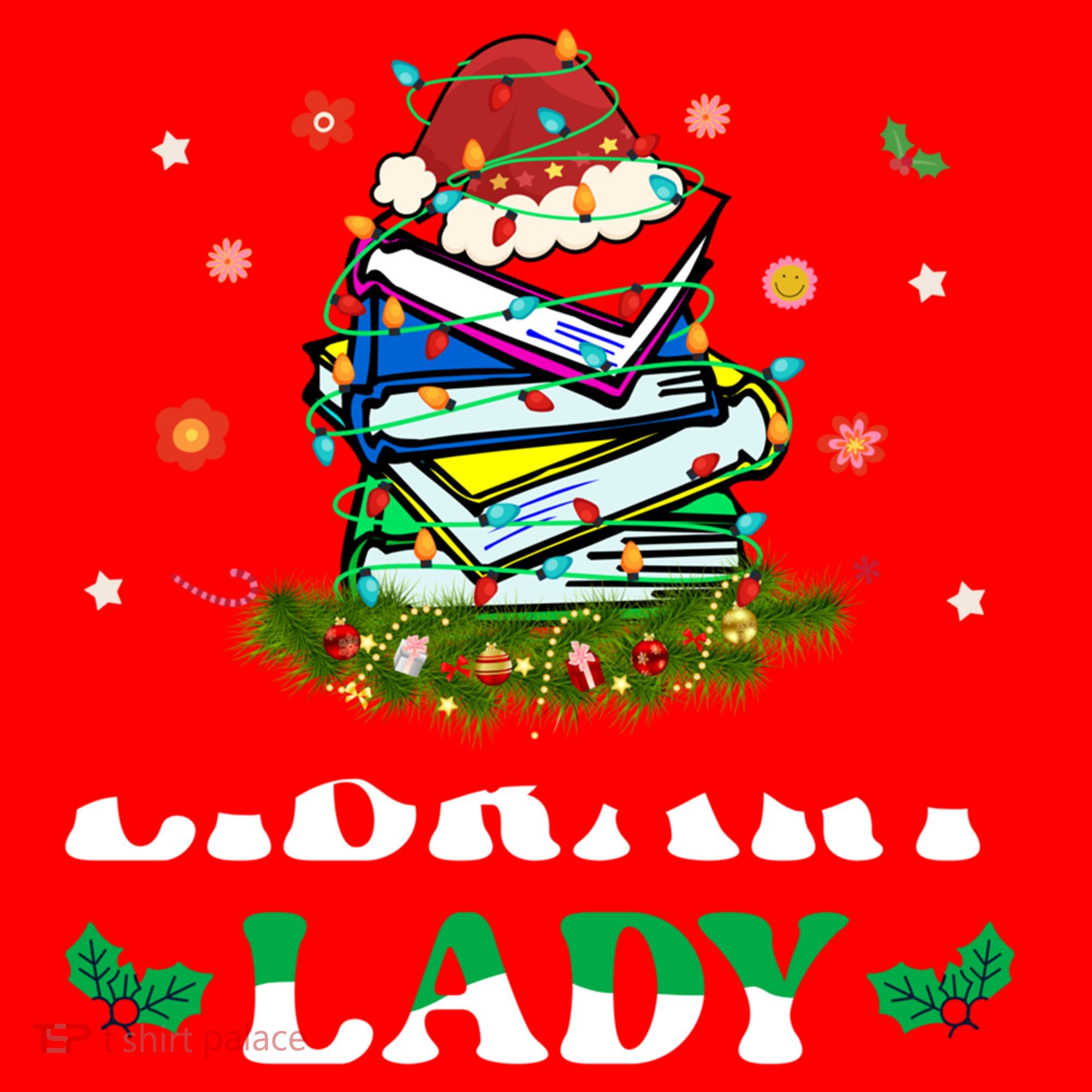 Christmas Library Lady Librarian Xmas Lights Books Gift Santa Hat
