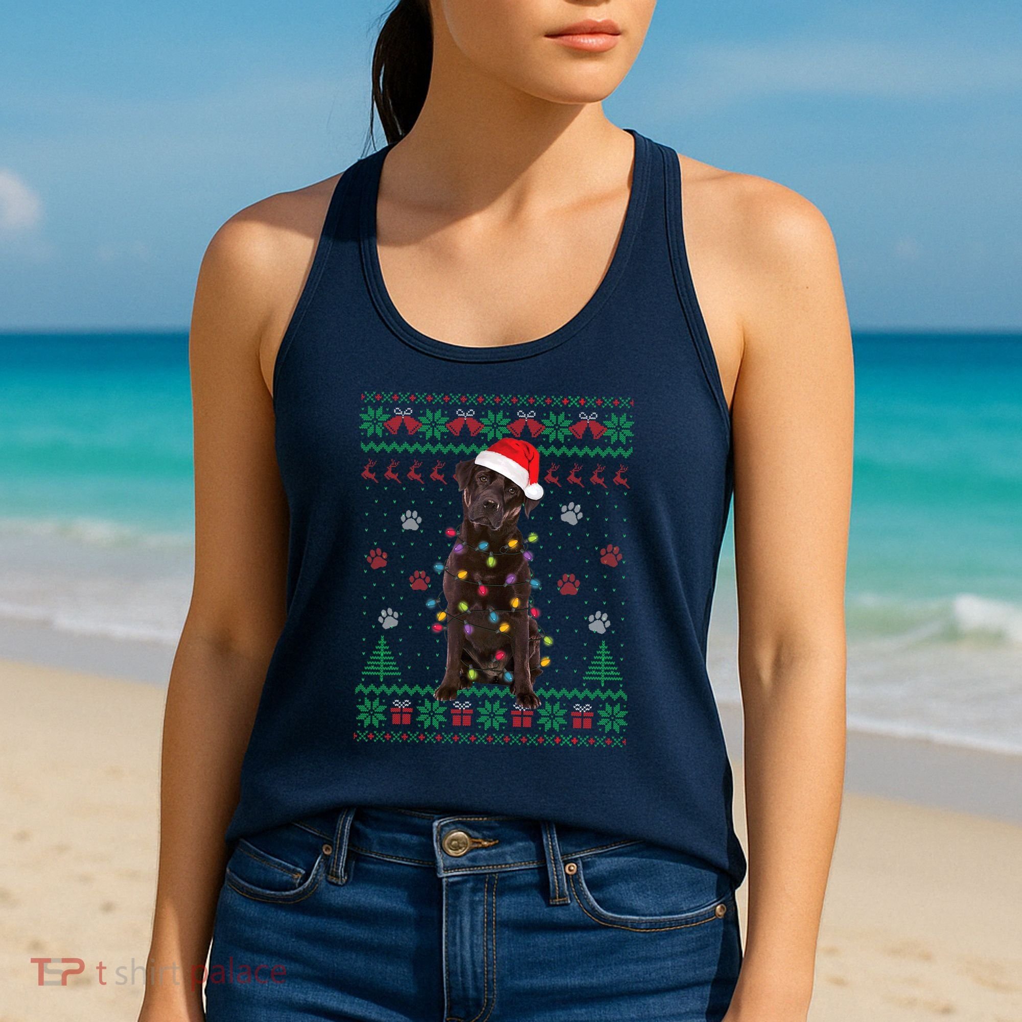 Chocolate Lab Labrador Christmas Lights Dog Ugly Sweater Women's Tank Top