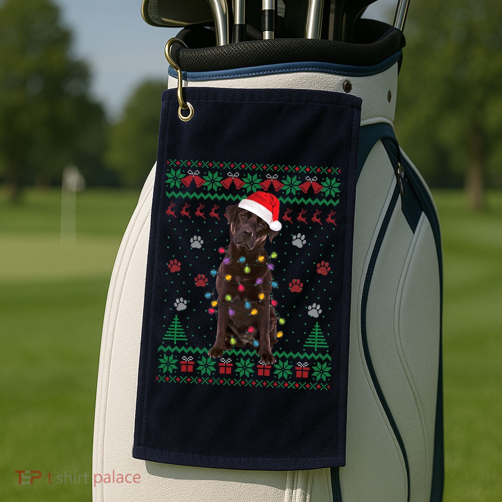 Chocolate Lab Labrador Christmas Lights Dog Ugly Sweater Golf Towel