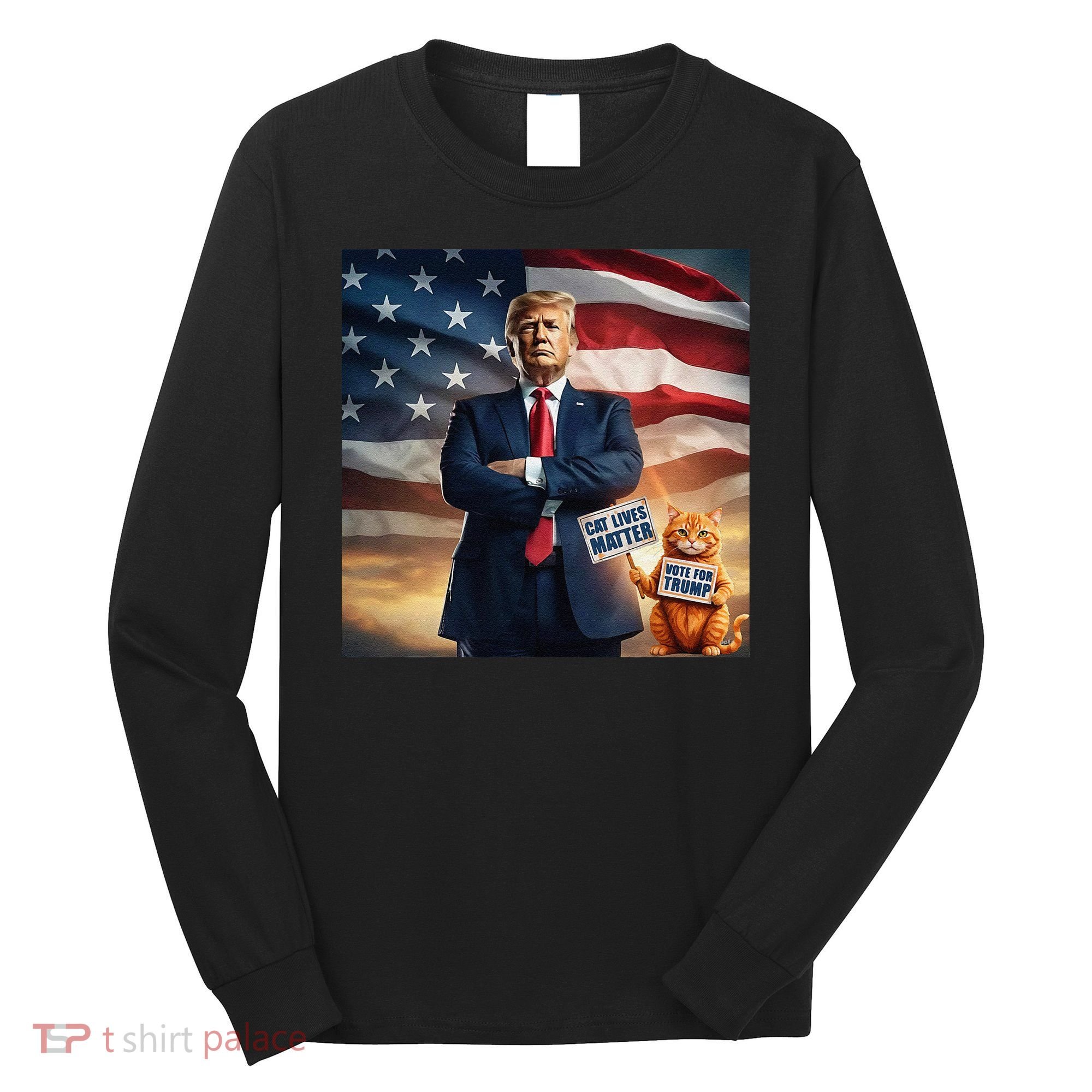 Cat Lives Matter Vote For Trump Usa Flag Funny Election Long Sleeve Shirt