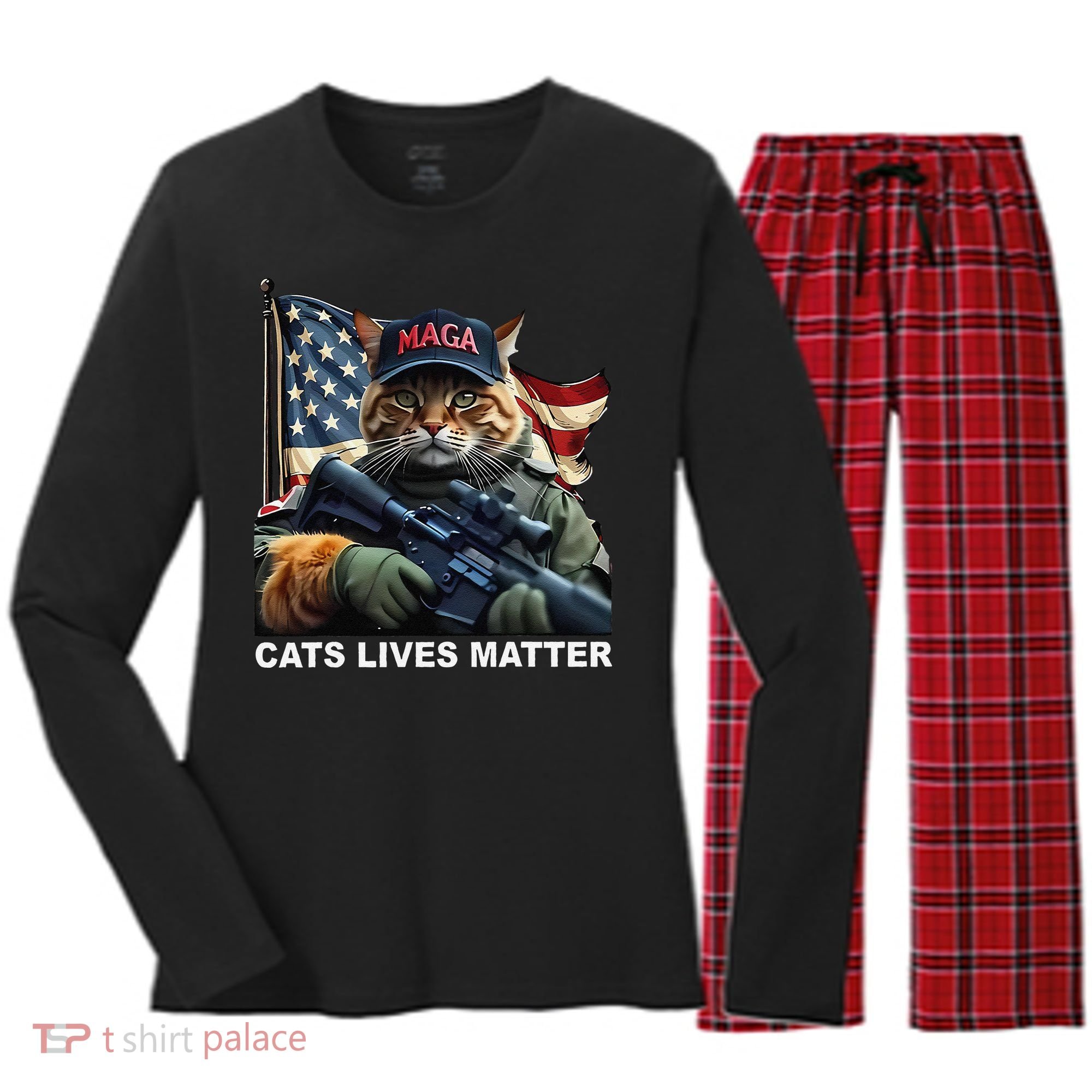 Cats Lives Matter Funny Trump 2024 Cat Maga Gift Women's Long Sleeve Flannel Pajama Set 